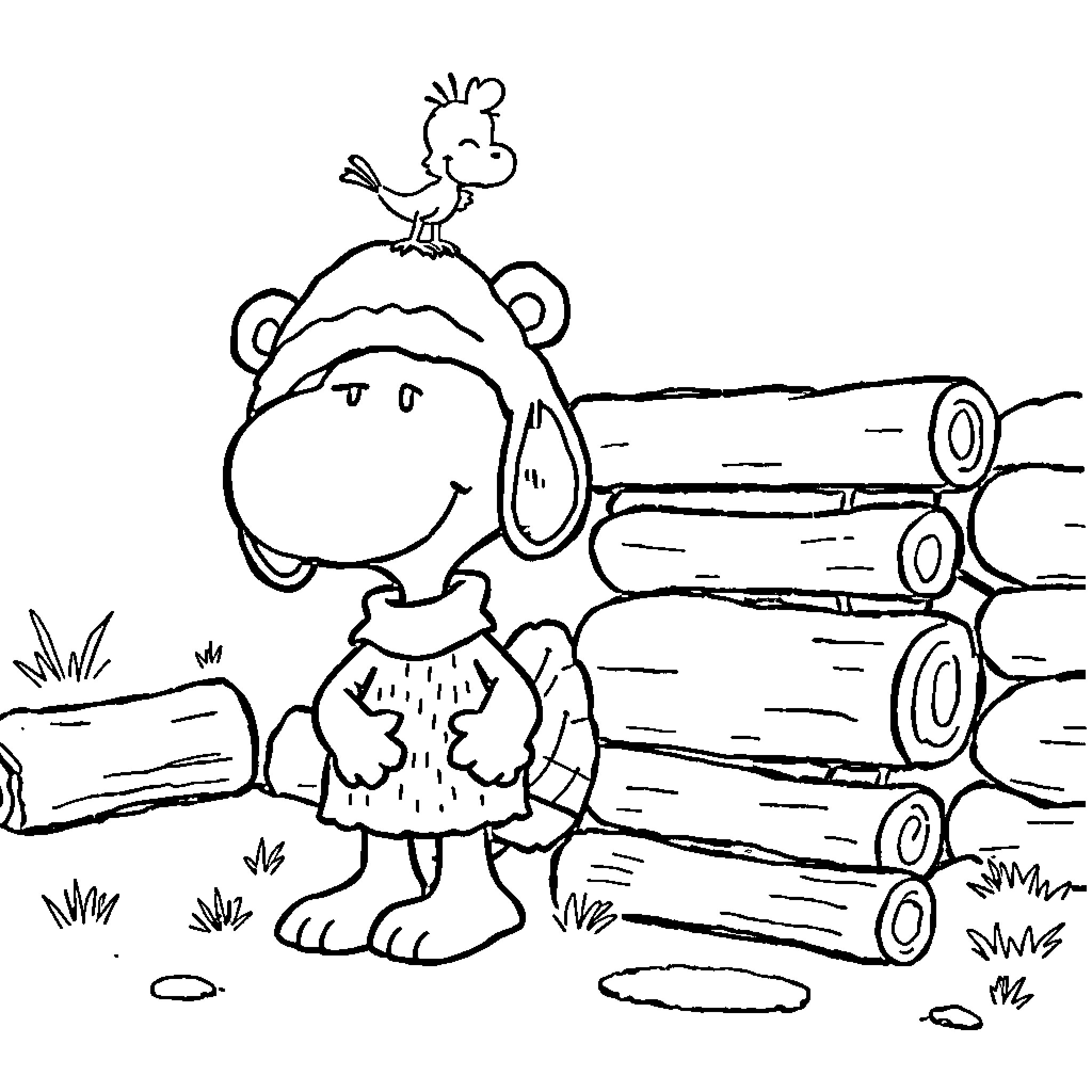 Snoopy exploring the woodland with a cheerful expression Coloring Page (free black-and-white line drawing printable PDF for all, from beginners to advanced learners, including children, teens, adults, and seniors)