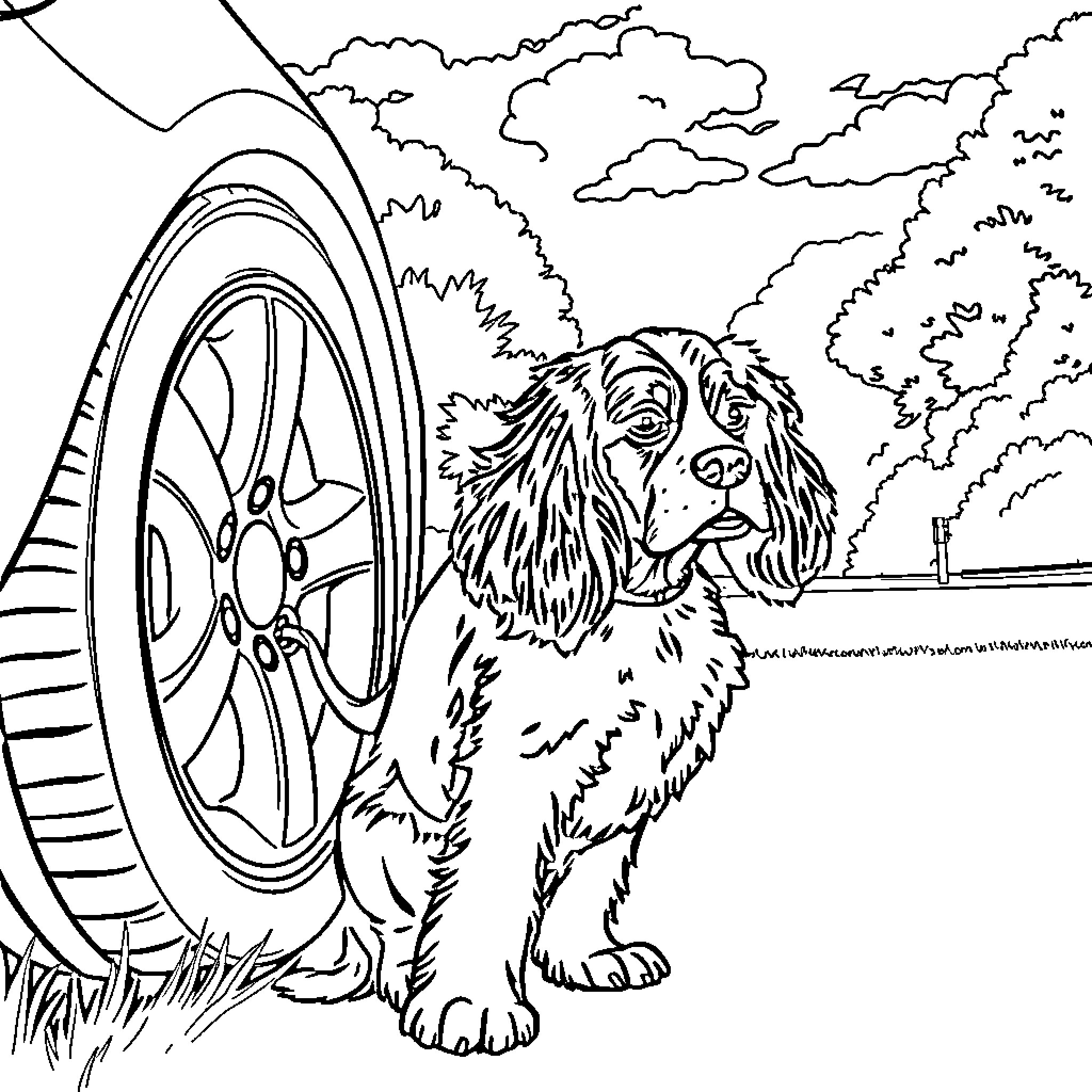 Spaniel exploring the countryside landscape Coloring Page (free black-and-white line drawing printable PDF for all, from beginners to advanced learners, including children, teens, adults, and seniors)