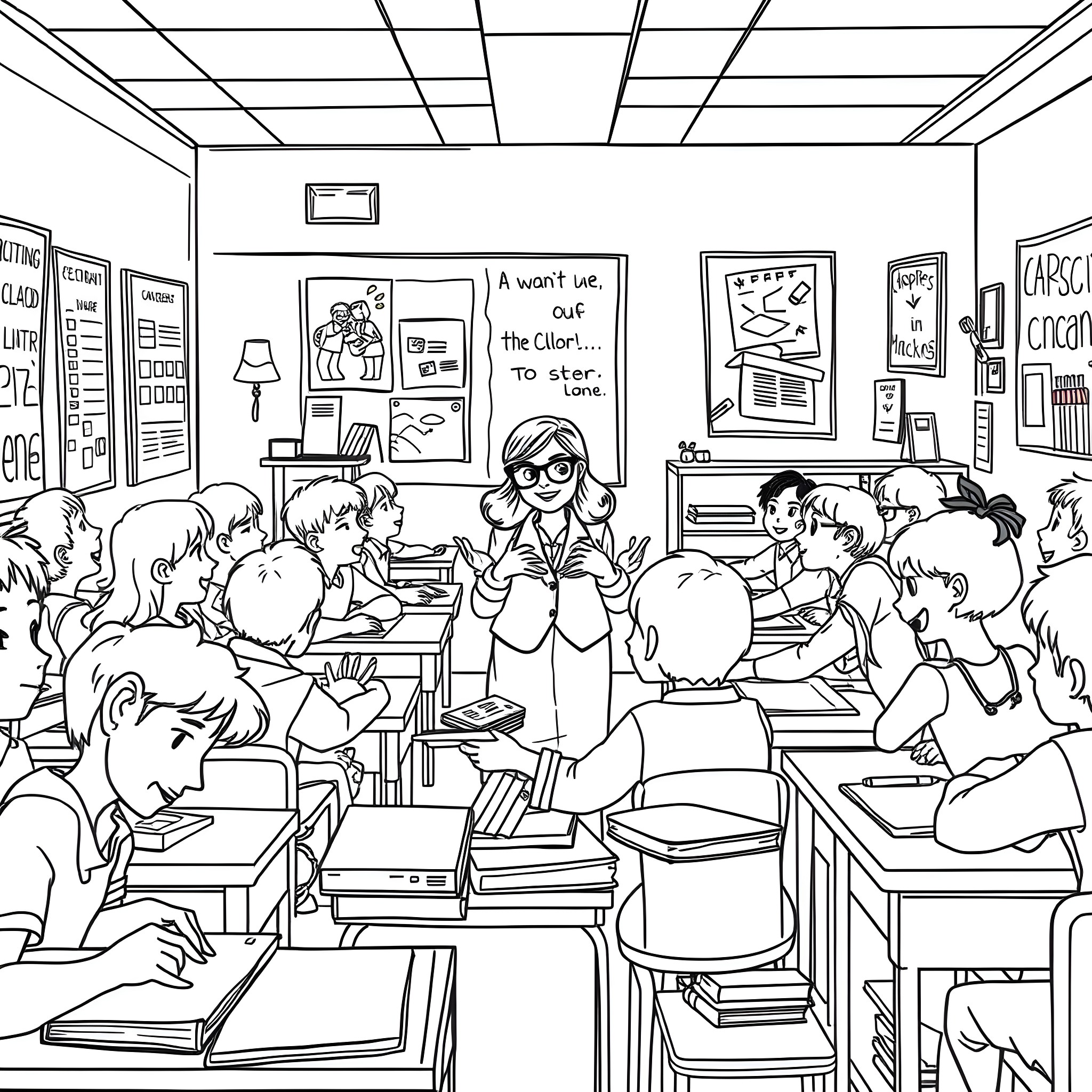 Classroom with engaged students and teacher Coloring Page (free black-and-white line drawing printable PDF for all, from beginners to advanced learners, including children, teens, adults, and seniors)