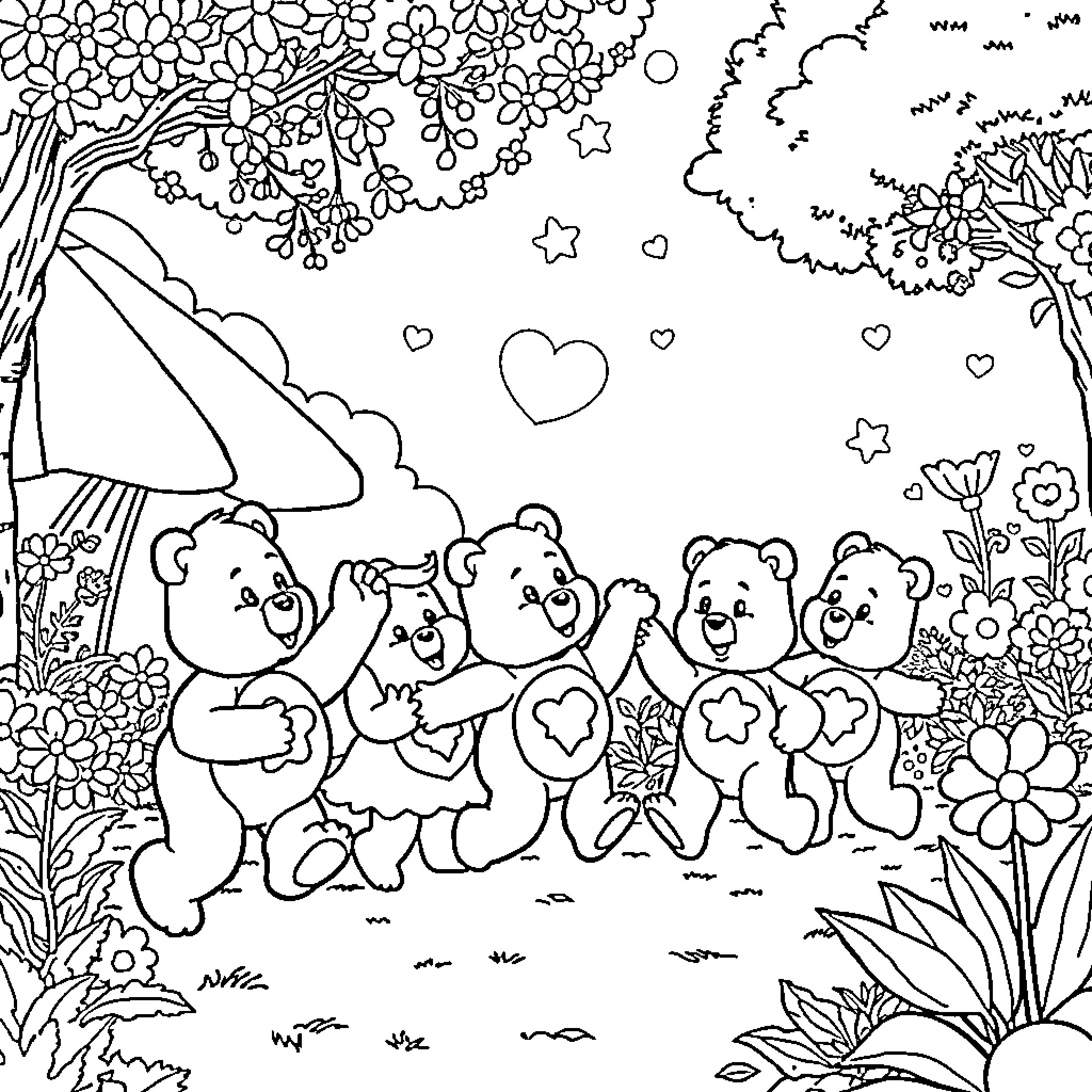 Care Bear friends celebrate in enchanted forest Coloring Page (free black-and-white line drawing printable PDF for all, from beginners to advanced learners, including children, teens, adults, and seniors)