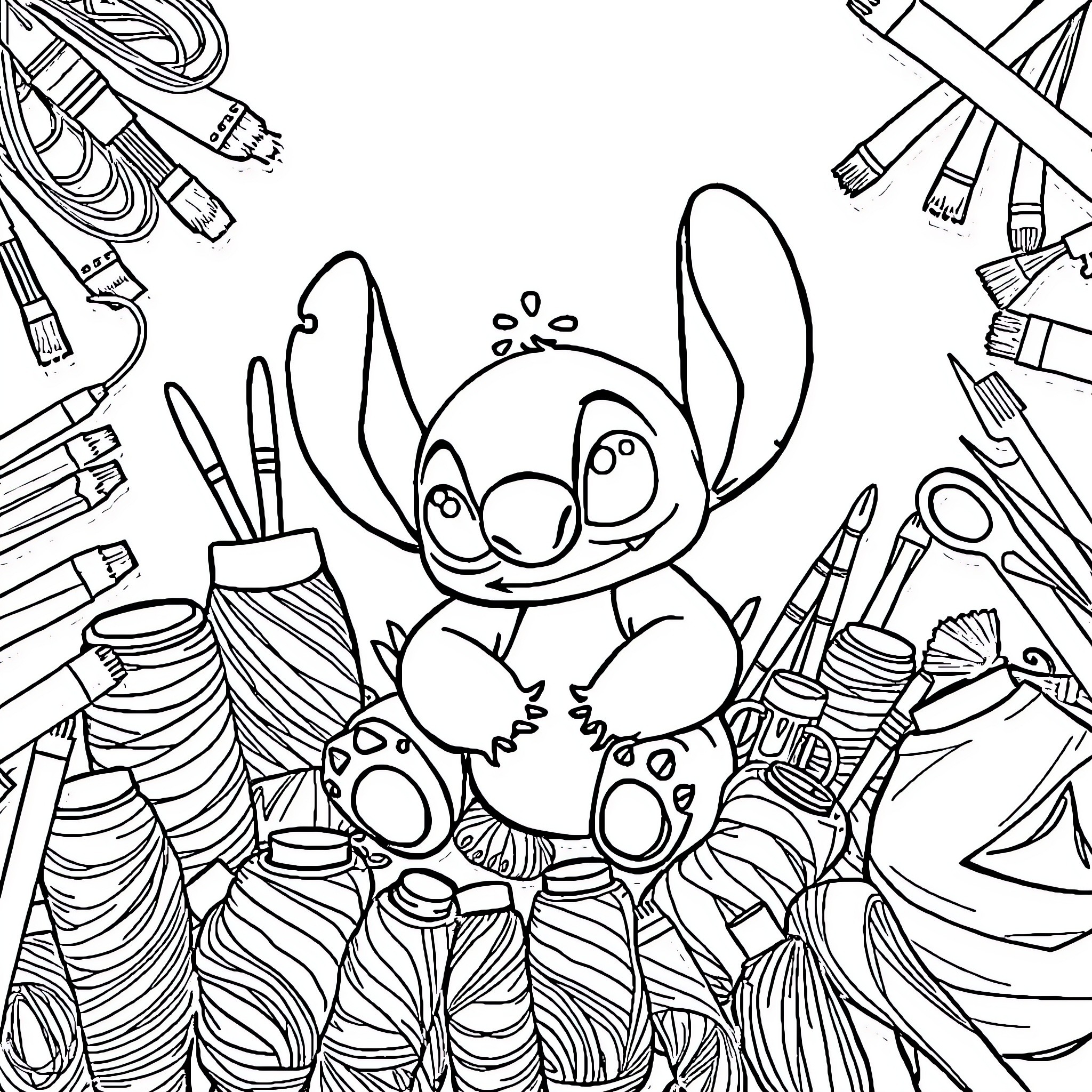 Stitch surrounded by art supplies Coloring Page (free black-and-white line drawing printable PDF for all, from beginners to advanced learners, including children, teens, adults, and seniors)