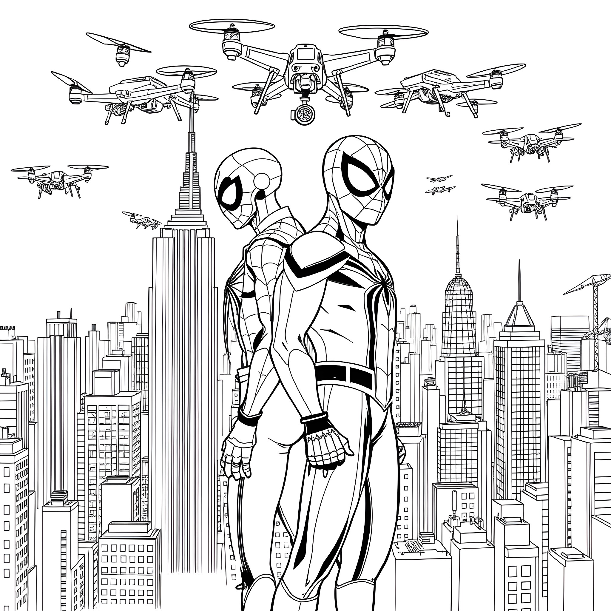 Nighttime cityscape with superhero and flying drones Coloring Page (free black-and-white line drawing printable PDF for all, from beginners to advanced learners, including children, teens, adults, and seniors)