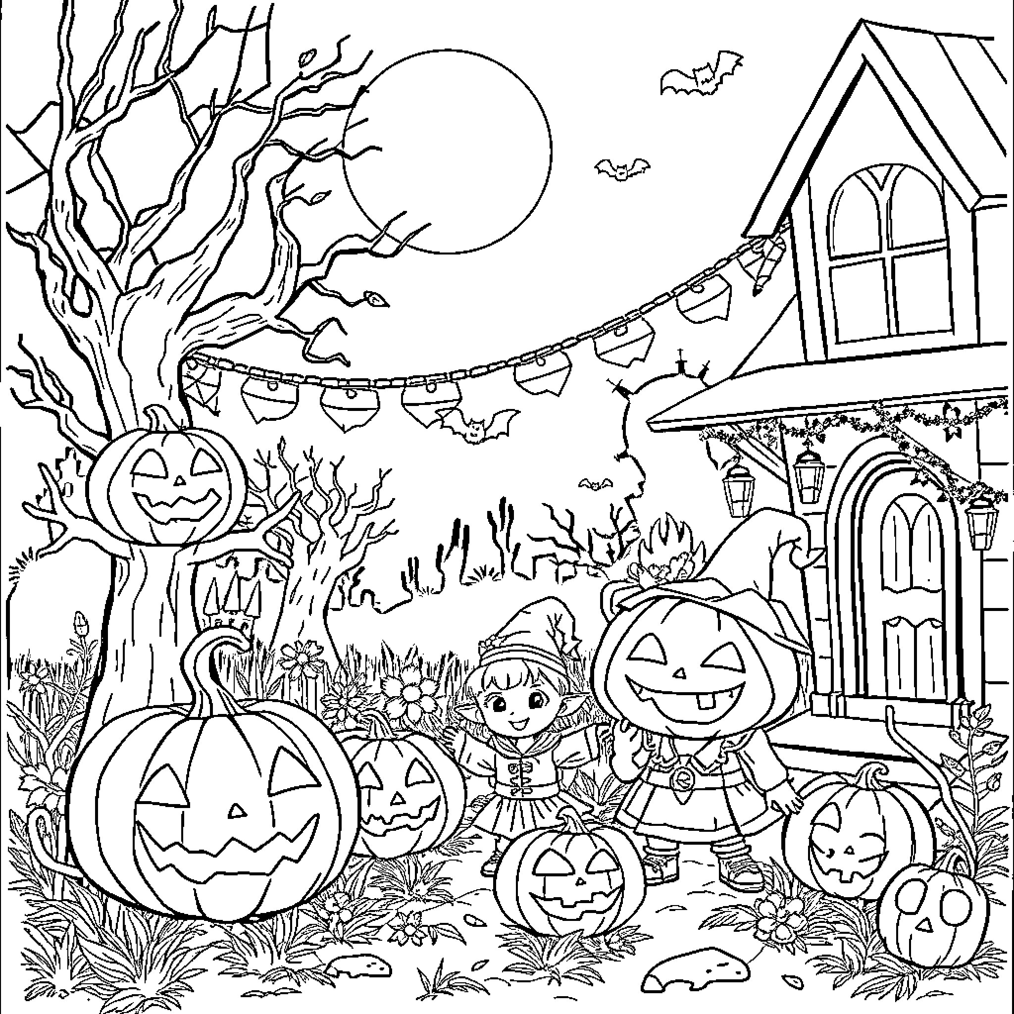 Halloween Trick-or-Treaters Exploring Haunted House Coloring Page (free black-and-white line drawing printable PDF for all, from beginners to advanced learners, including children, teens, adults, and seniors)