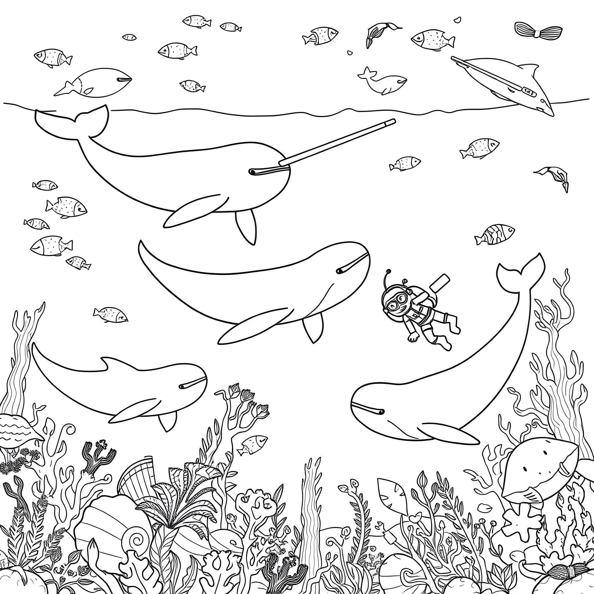 Narwhal and friends exploring the underwater world Coloring Page (free black-and-white line drawing printable PDF for all, from beginners to advanced learners, including children, teens, adults, and seniors)