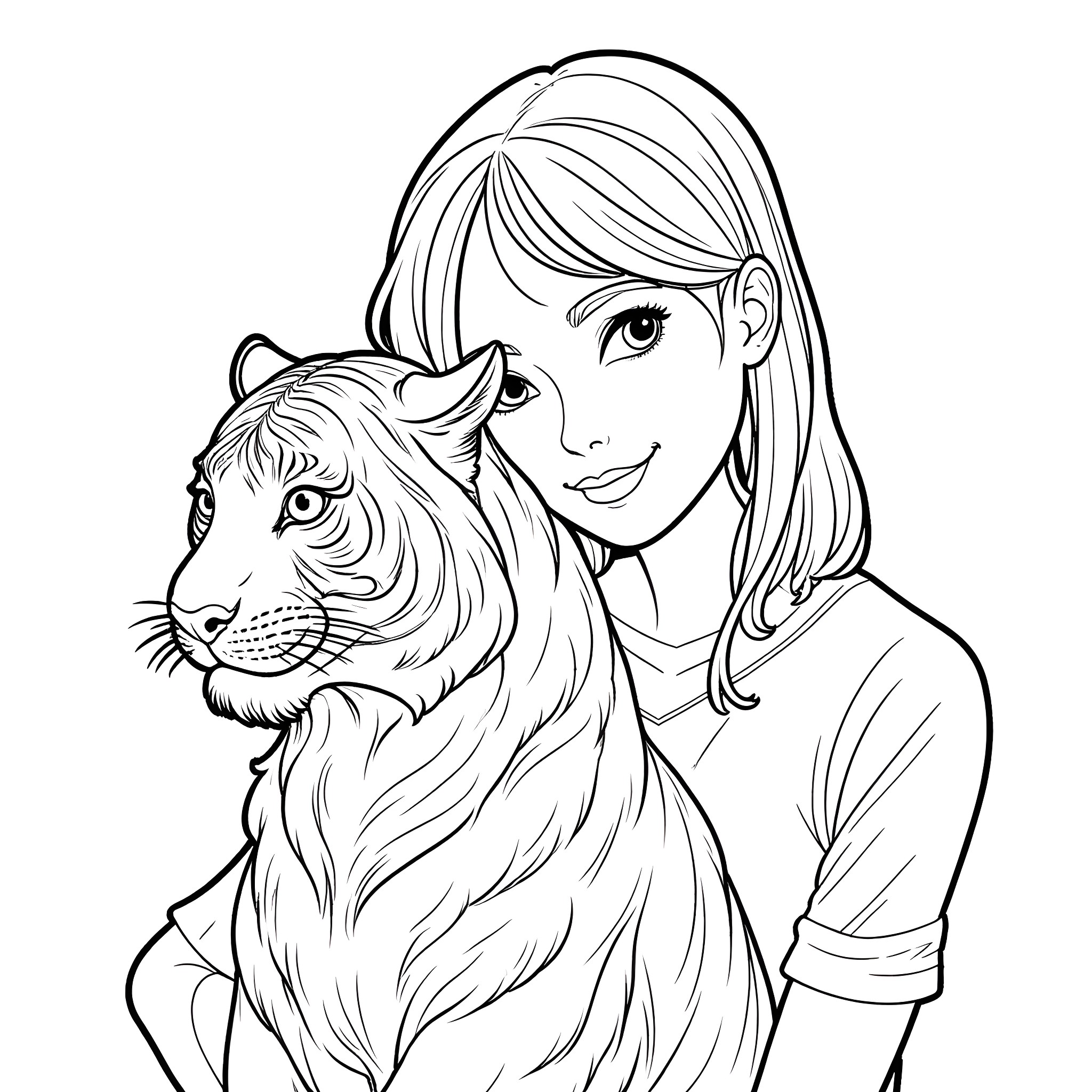 Serbian woman with a pet tiger in black and white Coloring Page (free black-and-white line drawing printable PDF for all, from beginners to advanced learners, including children, teens, adults, and seniors)
