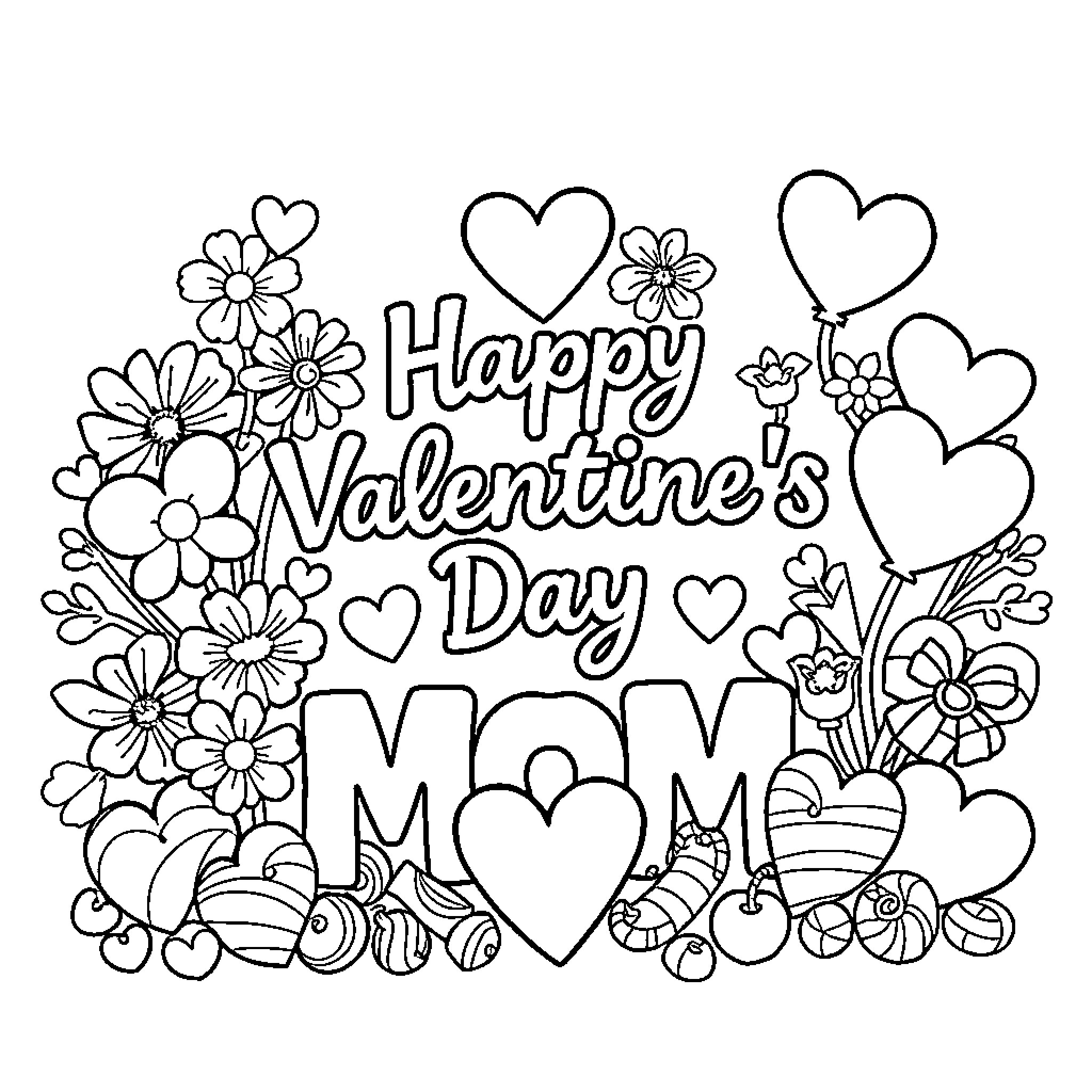 Valentine's Day Celebration with Flowers and Hearts Coloring Page (free black-and-white line drawing printable PDF for all, from beginners to advanced learners, including children, teens, adults, and seniors)