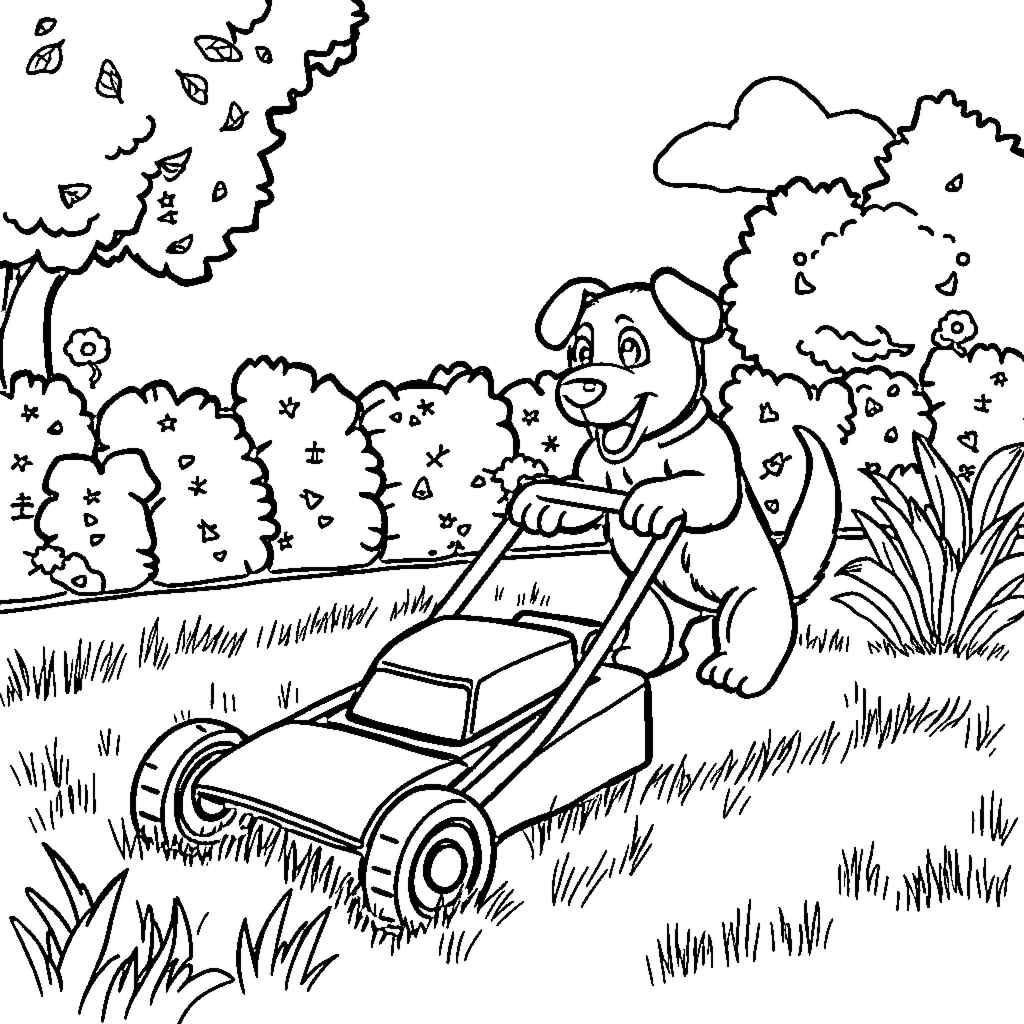 Dog playing with toy car in garden Coloring Page (free black-and-white line drawing printable PDF for all, from beginners to advanced learners, including children, teens, adults, and seniors)