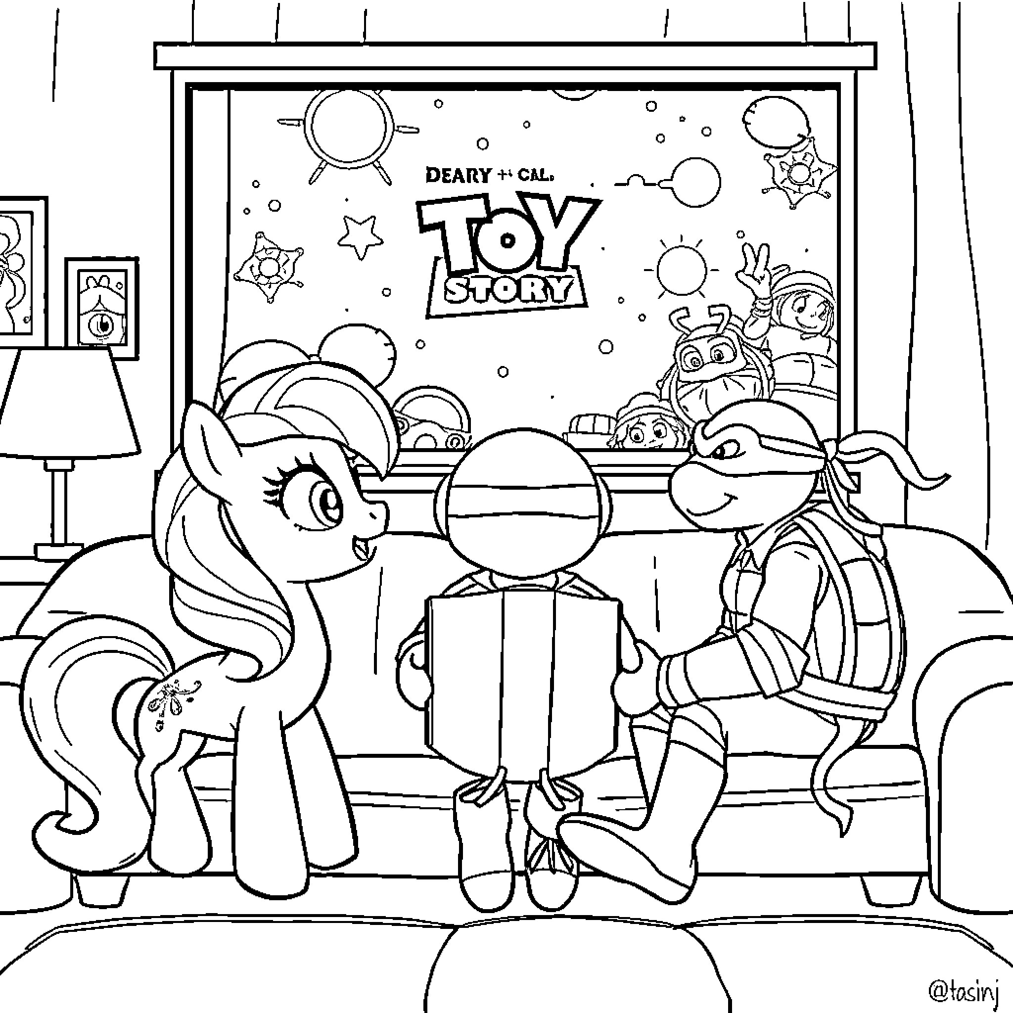 Pony characters in a toy story scene Coloring Page (free black-and-white line drawing printable PDF for all, from beginners to advanced learners, including children, teens, adults, and seniors)