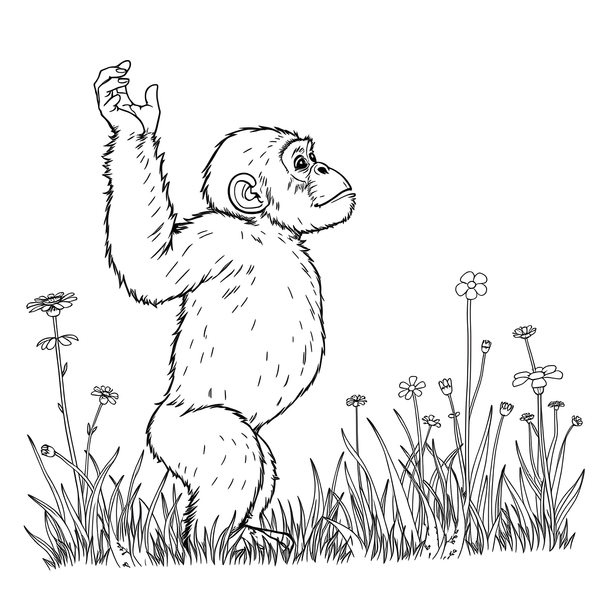 Chimpanzee Playing Joyfully in Floral Meadow Coloring Page (free black-and-white line drawing printable PDF for all, from beginners to advanced learners, including children, teens, adults, and seniors)