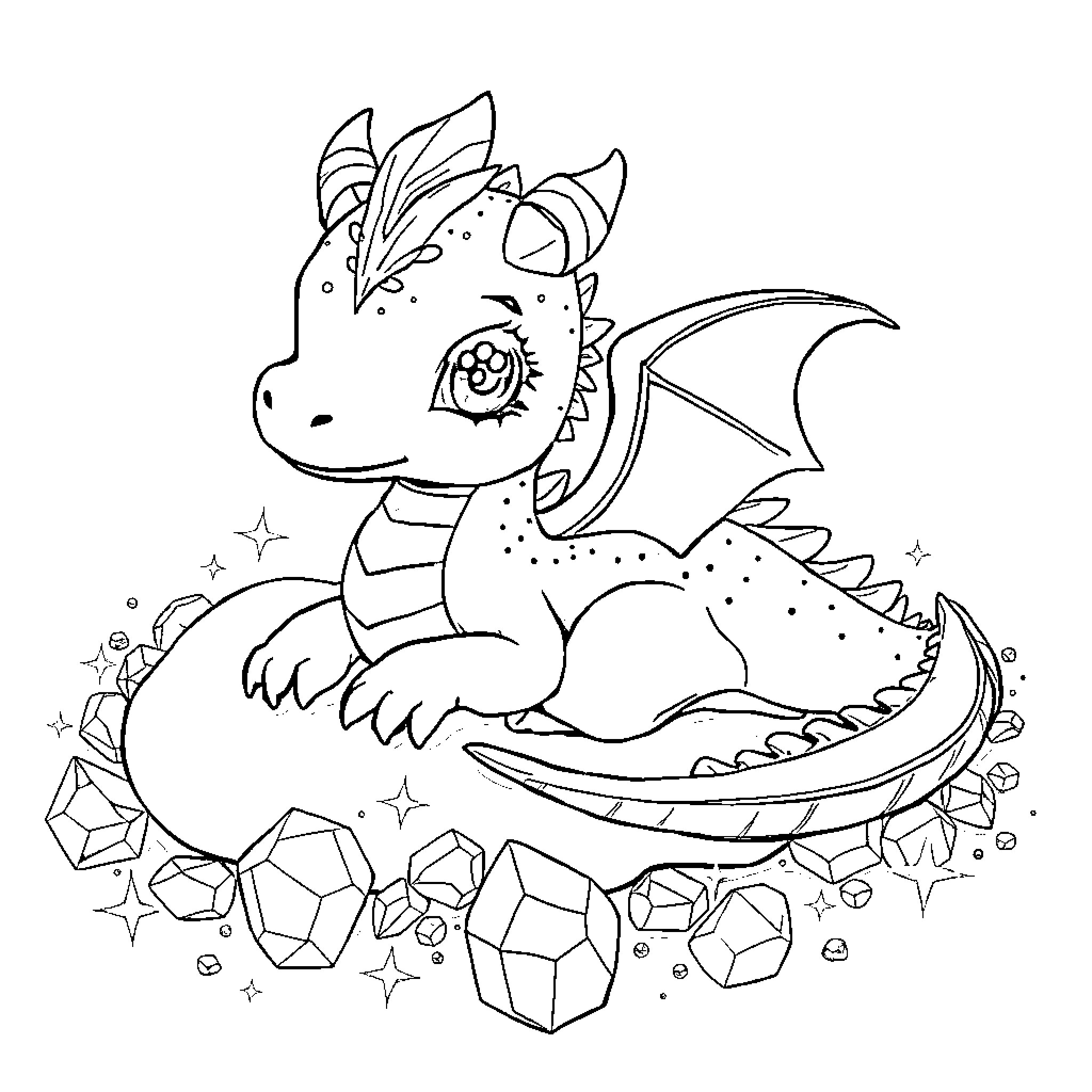 Dragon resting on magical crystals Coloring Page (free black-and-white line drawing printable PDF for all, from beginners to advanced learners, including children, teens, adults, and seniors)