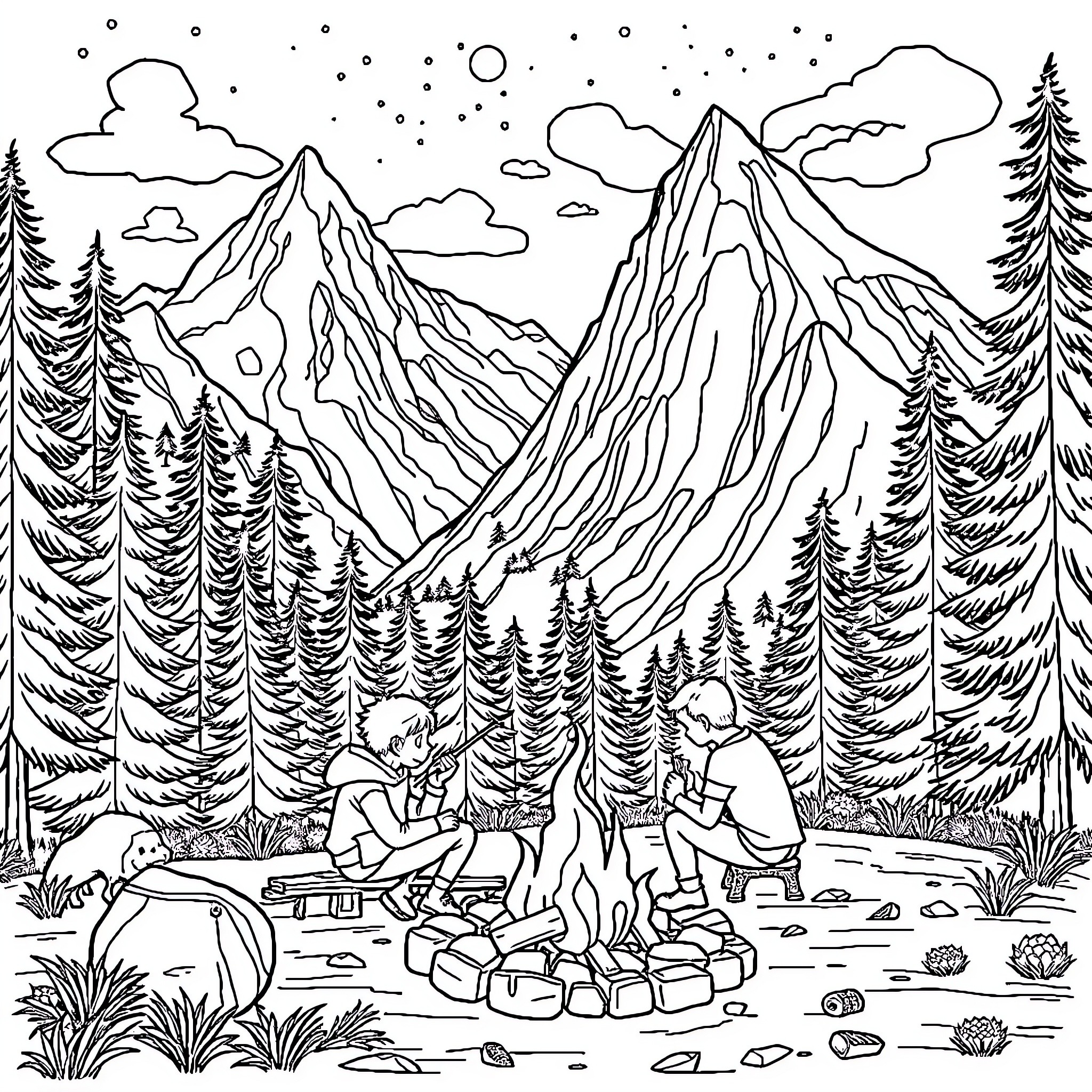 Family Gathering Under the Starry Mountain Skies Coloring Page (free black-and-white line drawing printable PDF for all, from beginners to advanced learners, including children, teens, adults, and seniors)