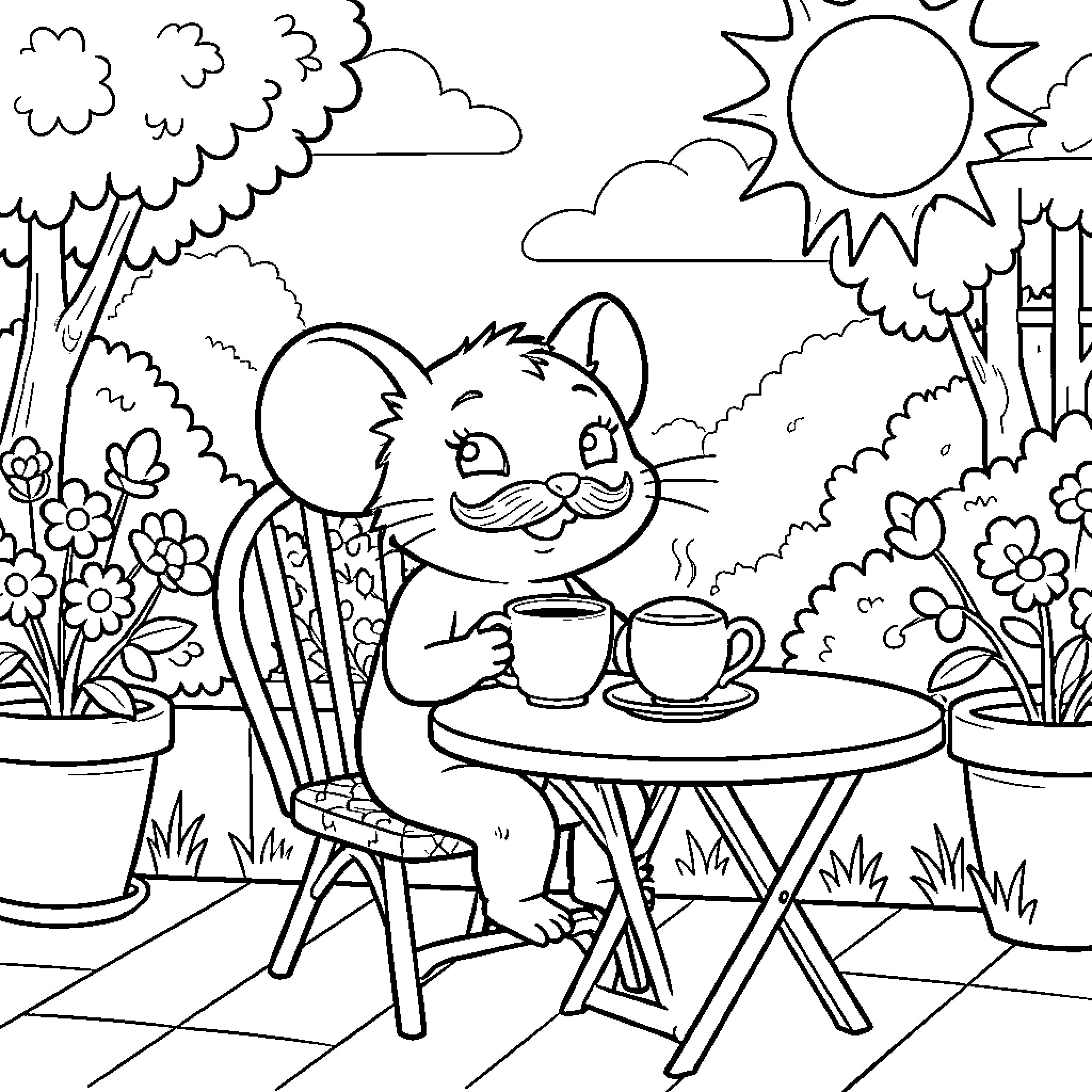 Ratón disfrutando de un café en un día soleado Coloring Page (free black-and-white line drawing printable PDF for all, from beginners to advanced learners, including children, teens, adults, and seniors)