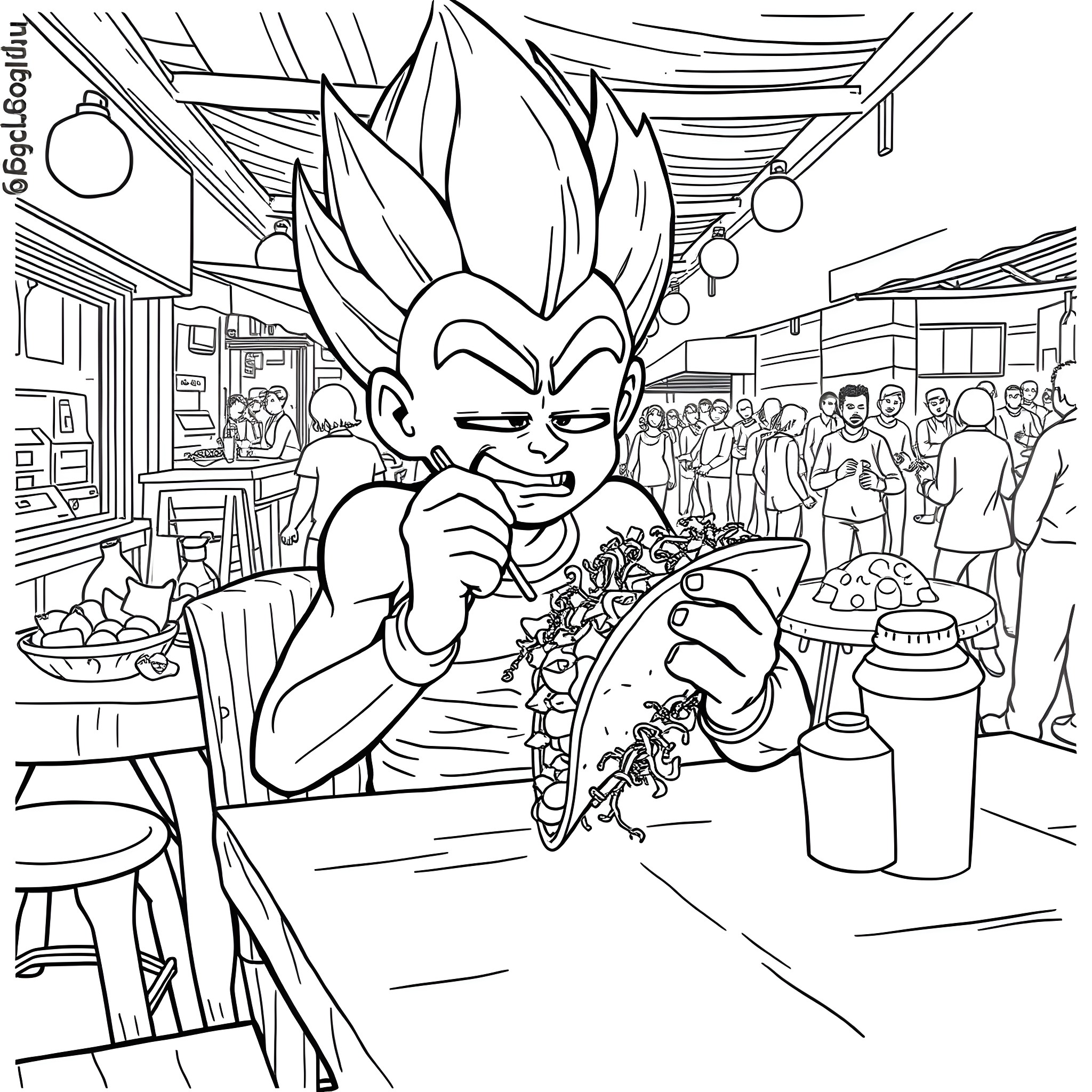Vegeta enjoying a lively feast in a bustling restaurant Coloring Page (free black-and-white line drawing printable PDF for all, from beginners to advanced learners, including children, teens, adults, and seniors)