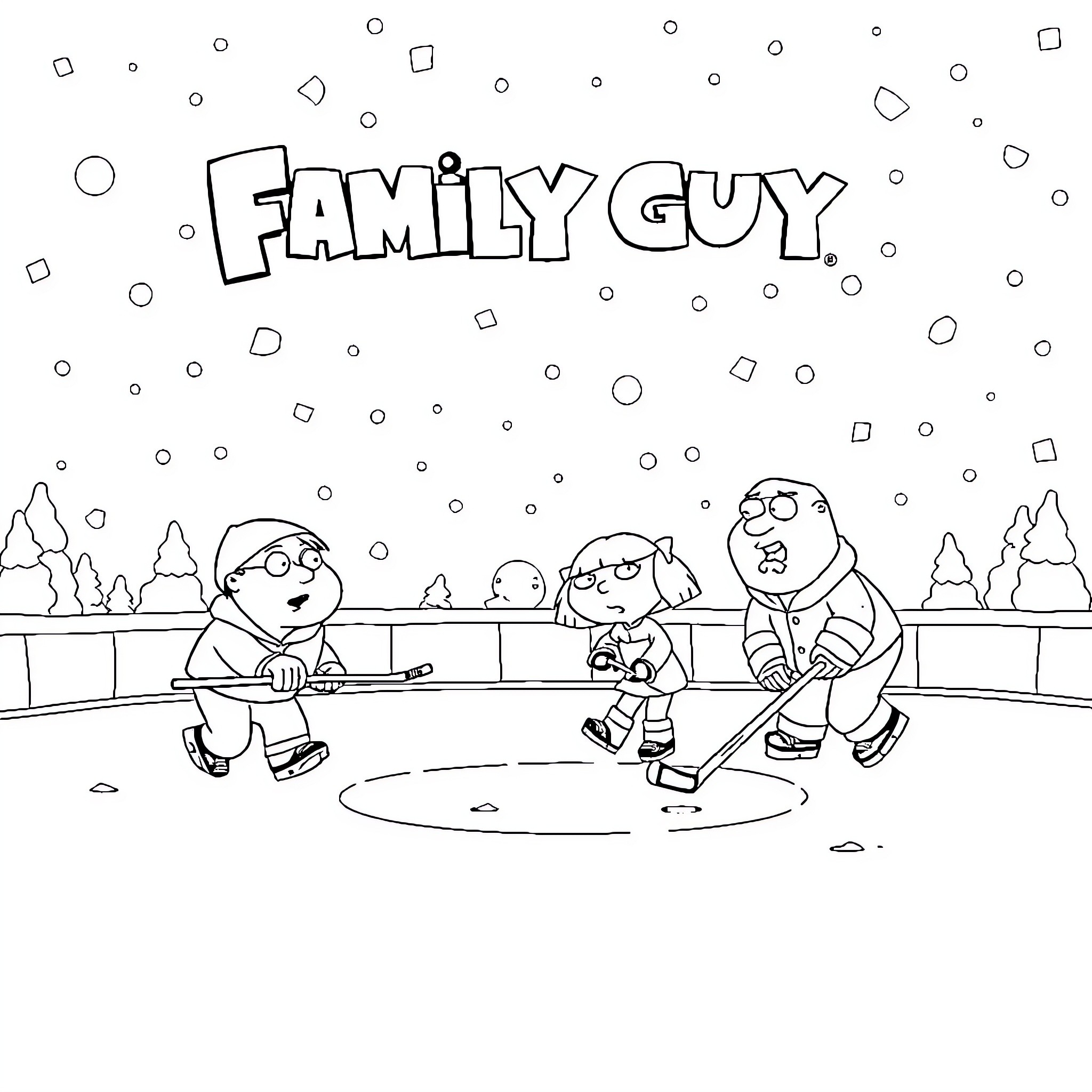 Family Guy characters playing in the snow Coloring Page (free black-and-white line drawing printable PDF for all, from beginners to advanced learners, including children, teens, adults, and seniors)