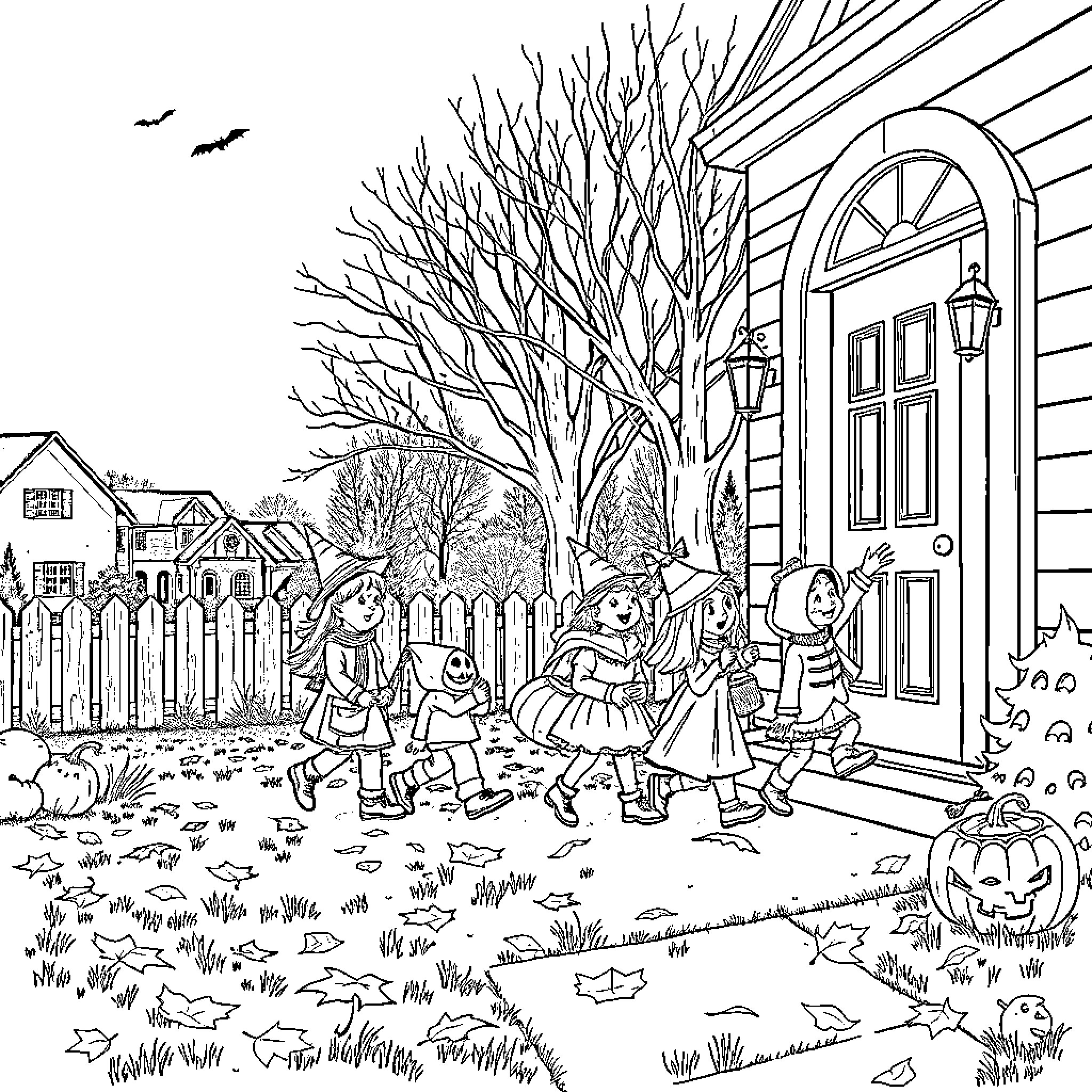 Halloween Trick-or-Treating in a Spooky Neighborhood Coloring Page (free black-and-white line drawing printable PDF for all, from beginners to advanced learners, including children, teens, adults, and seniors)