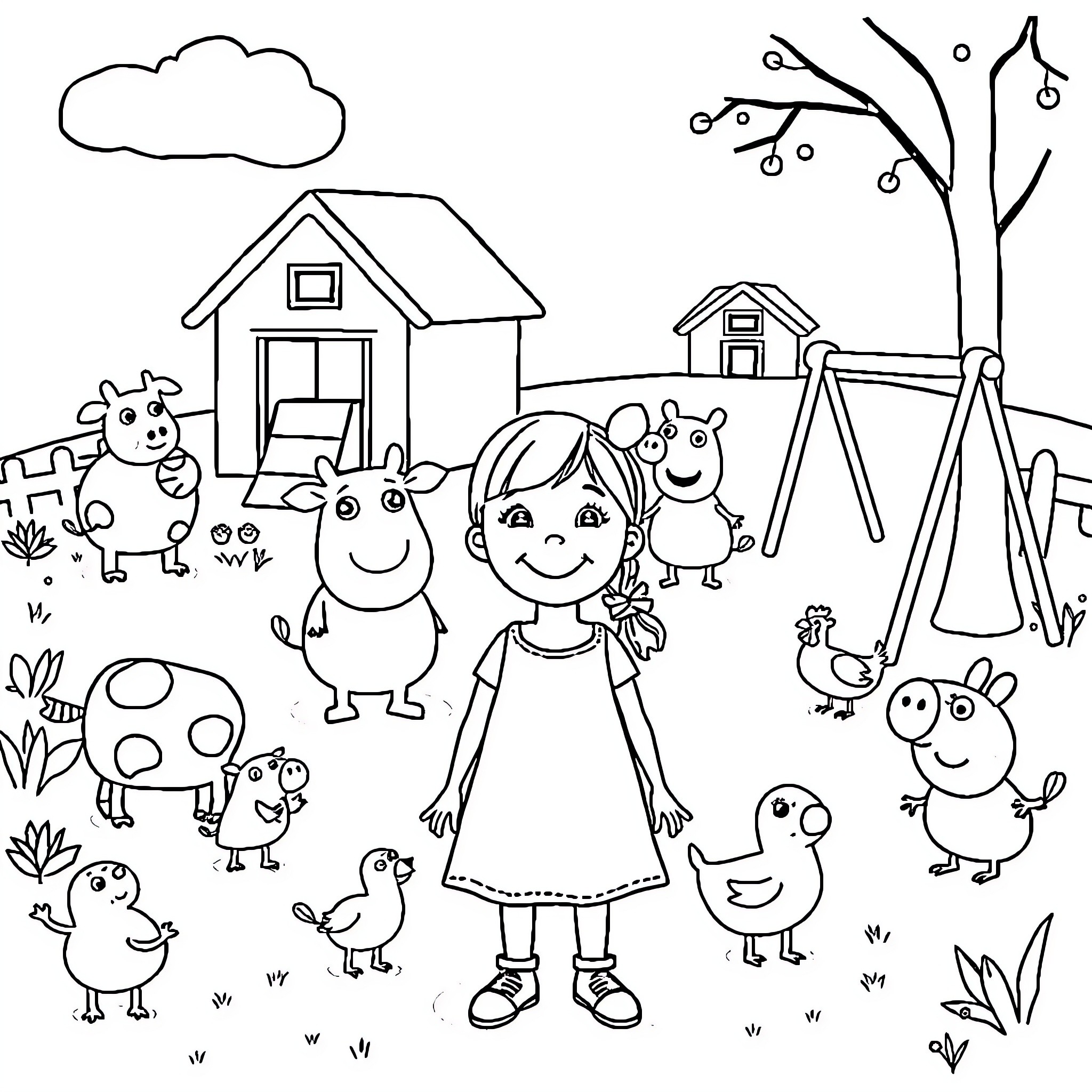 Toddler playing happily with animal friends in the yard Coloring Page (free black-and-white line drawing printable PDF for all, from beginners to advanced learners, including children, teens, adults, and seniors)