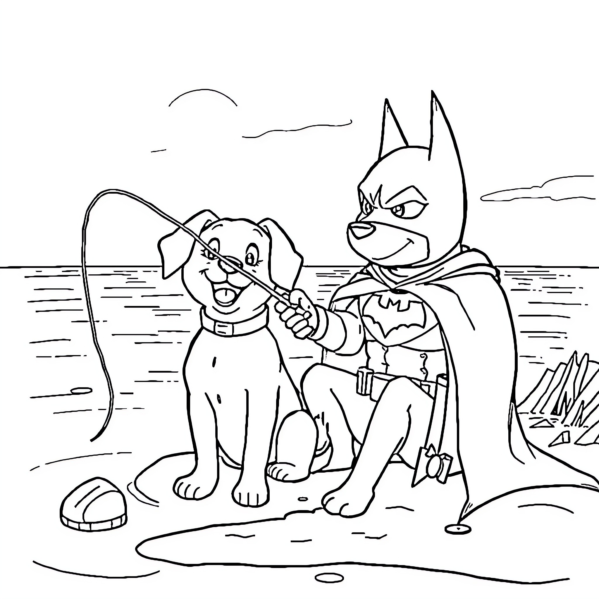Dog and superhero playing together near the water Coloring Page (free black-and-white line drawing printable PDF for all, from beginners to advanced learners, including children, teens, adults, and seniors)