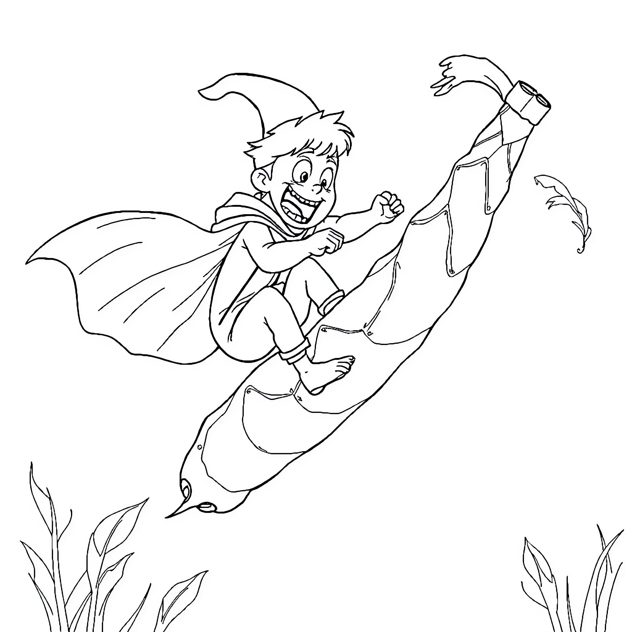 Jack and the Beanstalk: Boy Climbing Up Beanstalk Coloring Page (free black-and-white line drawing printable PDF for all, from beginners to advanced learners, including children, teens, adults, and seniors)