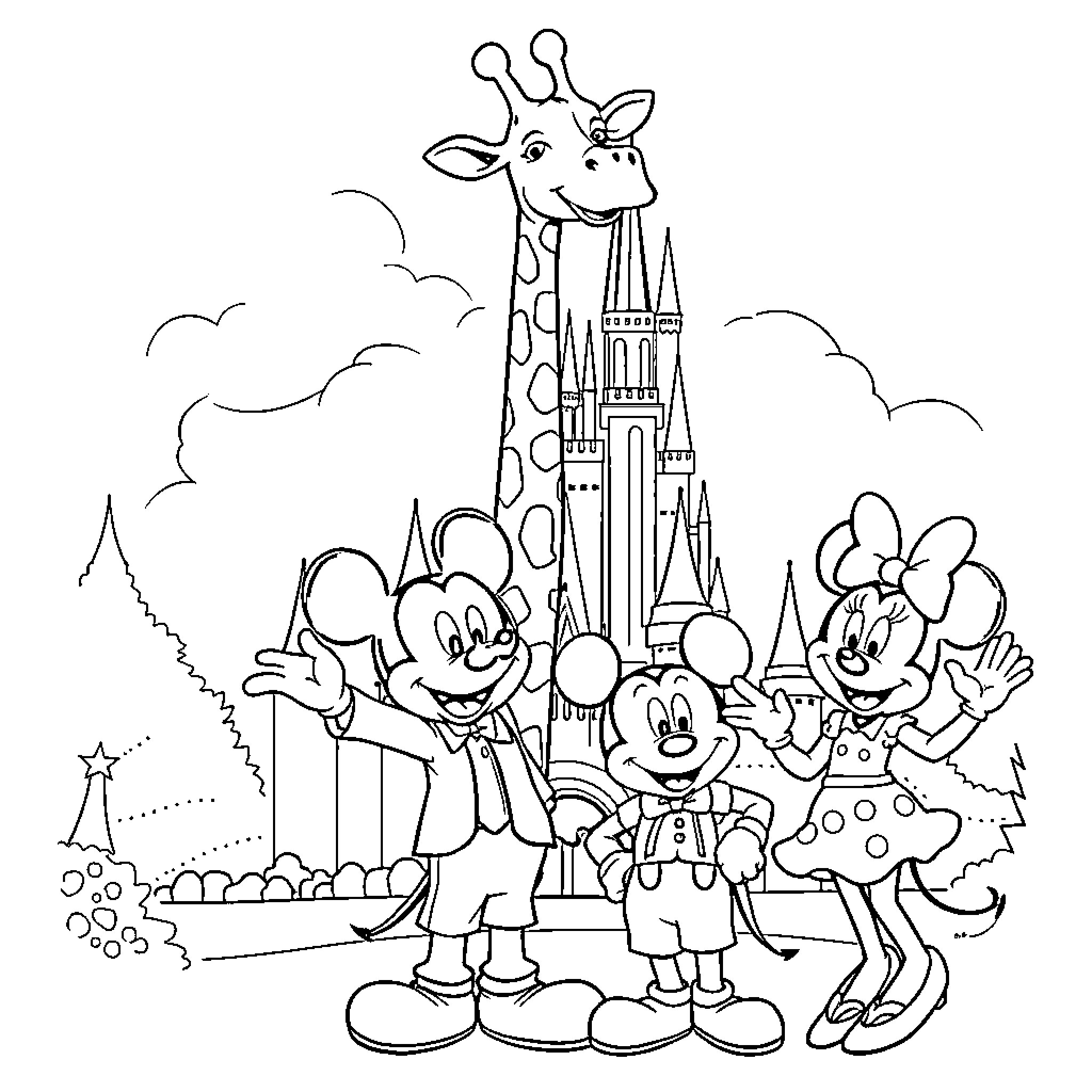 Giraffe and Disney characters explore castle scenery Coloring Page (free black-and-white line drawing printable PDF for all, from beginners to advanced learners, including children, teens, adults, and seniors)