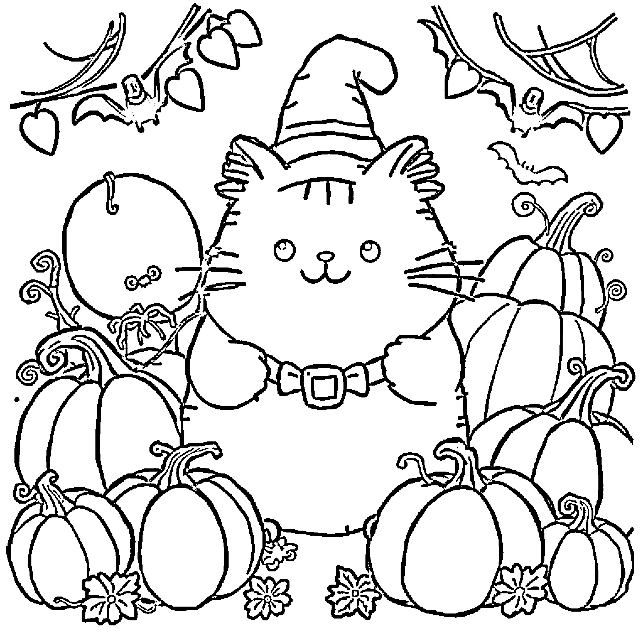 Pusheen as a Halloween cat with pumpkins and decorations Coloring Page (free black-and-white line drawing printable PDF for all, from beginners to advanced learners, including children, teens, adults, and seniors)