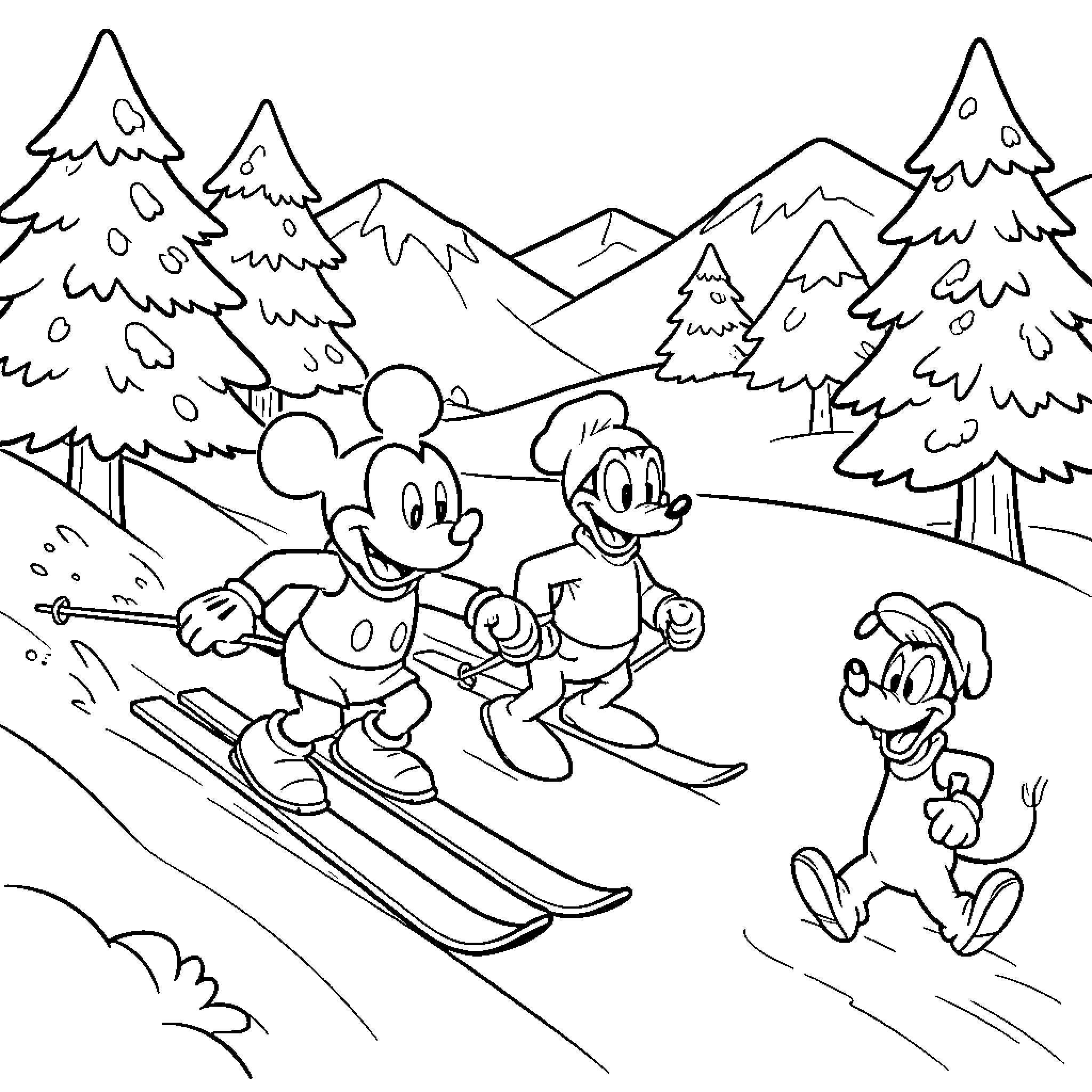 Mickey and friends skiing down a snowy mountain Coloring Page (free black-and-white line drawing printable PDF for all, from beginners to advanced learners, including children, teens, adults, and seniors)