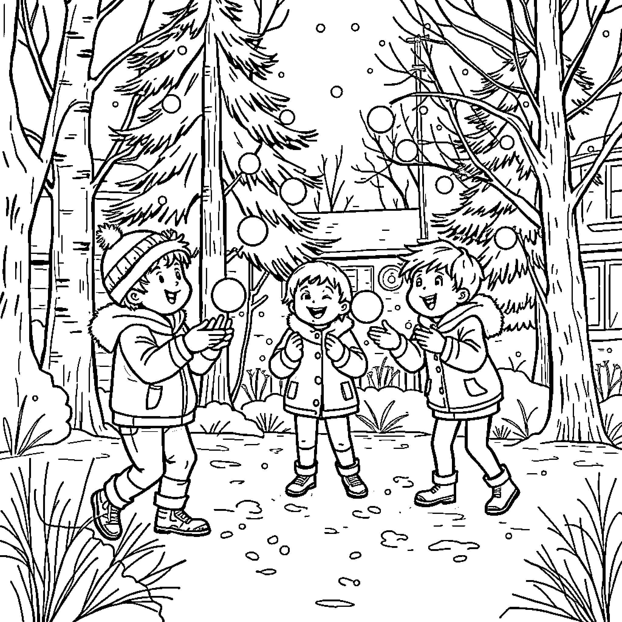 Kid's Winter Adventure in the Snowy Woods Coloring Page (free black-and-white line drawing printable PDF for all, from beginners to advanced learners, including children, teens, adults, and seniors)