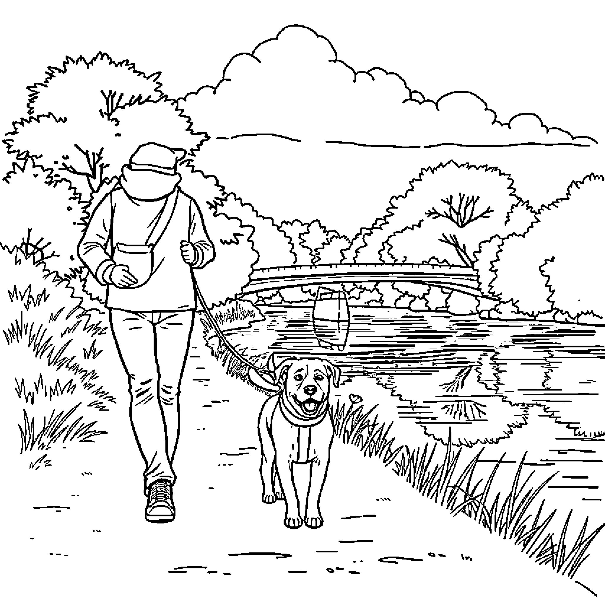 Dog on a leash accompanying person for a walk in the park Coloring Page (free black-and-white line drawing printable PDF for all, from beginners to advanced learners, including children, teens, adults, and seniors)