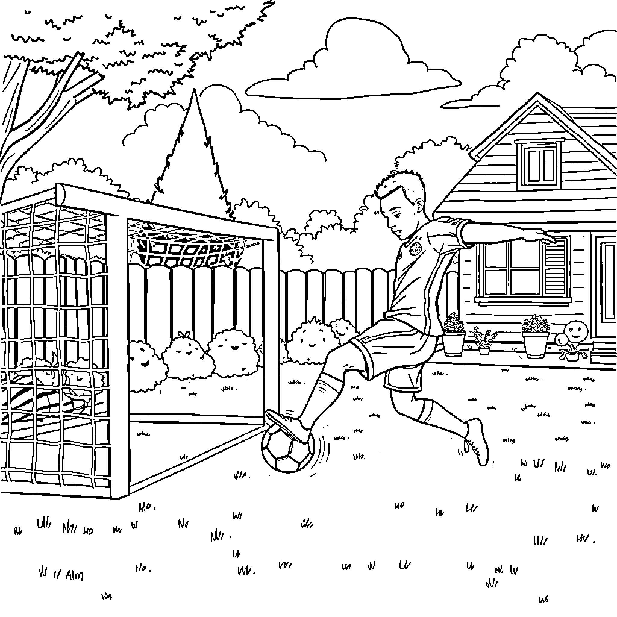 Mbappe playing soccer in his backyard Coloring Page (free black-and-white line drawing printable PDF for all, from beginners to advanced learners, including children, teens, adults, and seniors)