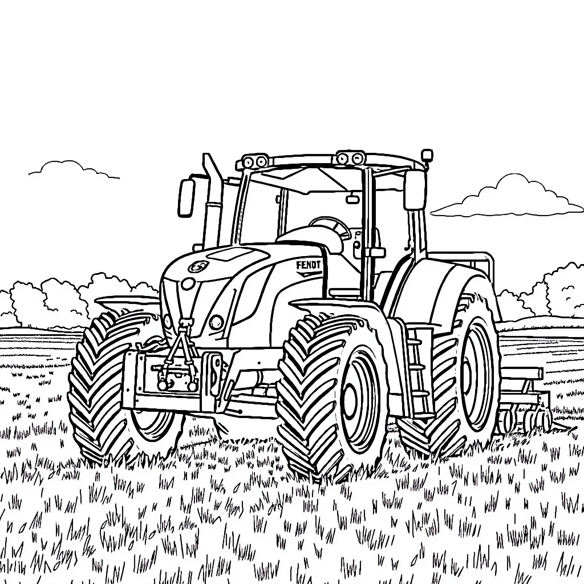 Fendt Tractor Plowing Farmland Coloring Page (free black-and-white line drawing printable PDF for all, from beginners to advanced learners, including children, teens, adults, and seniors)