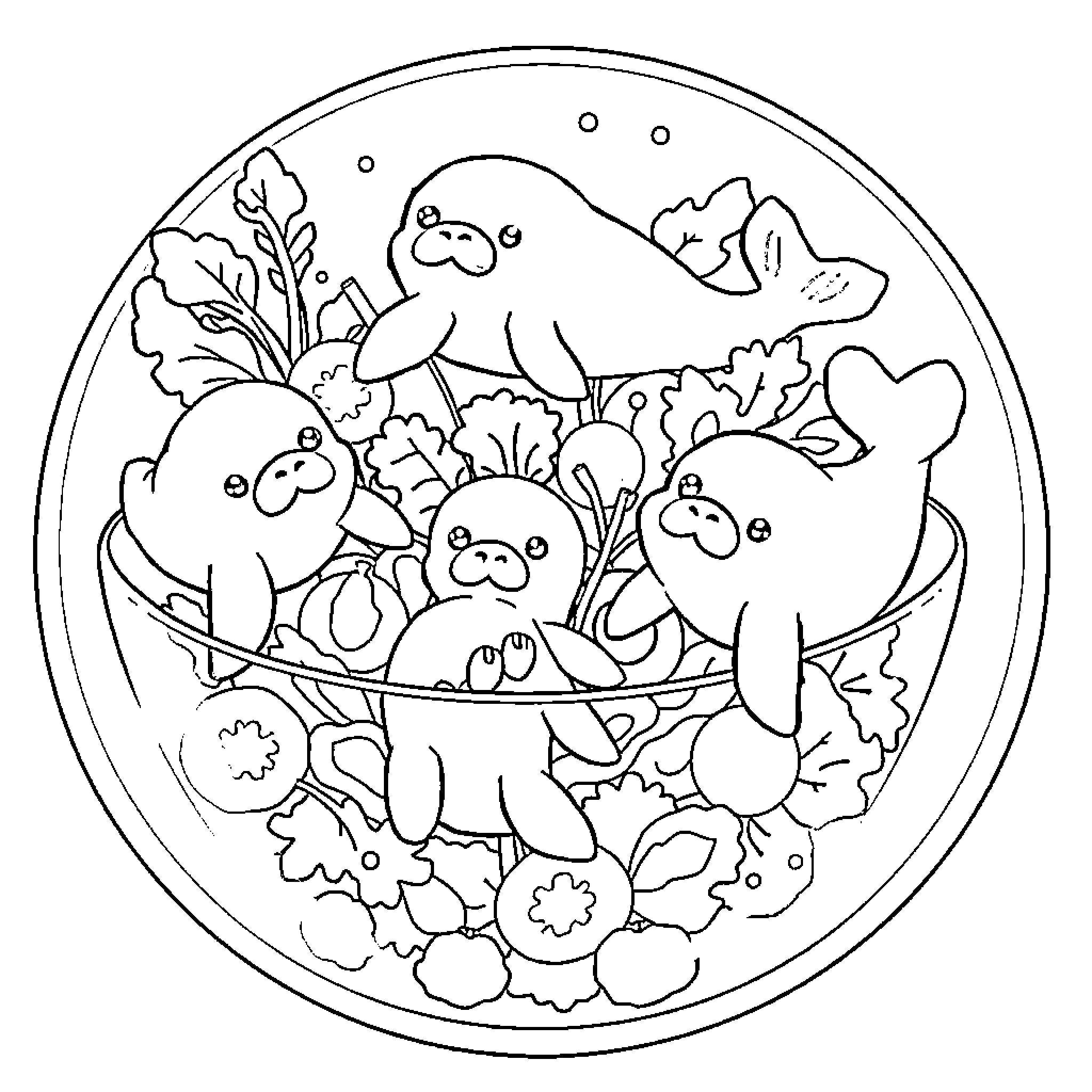Manatee gathering with whimsical sea creatures Coloring Page (free black-and-white line drawing printable PDF for all, from beginners to advanced learners, including children, teens, adults, and seniors)