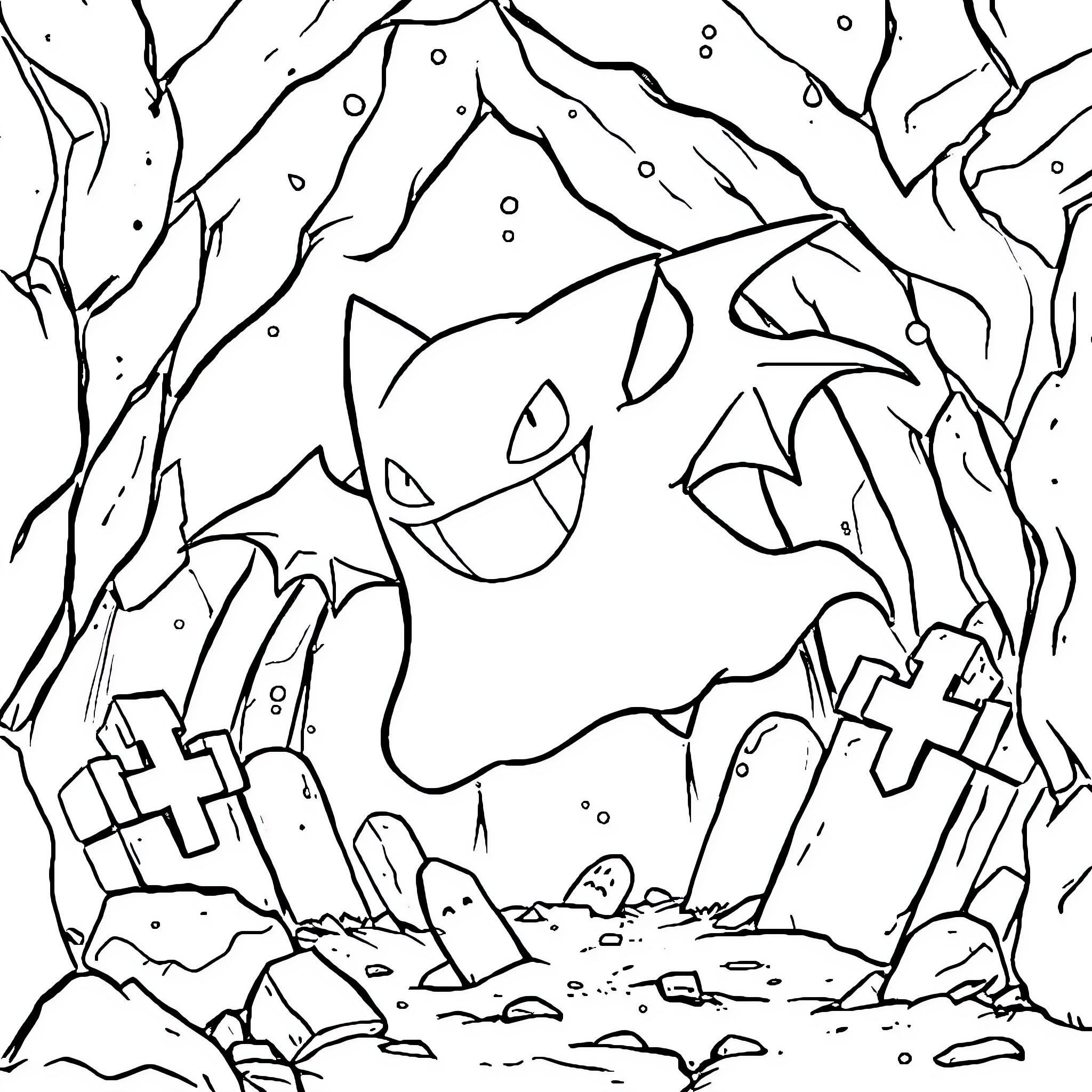 Gengar haunting the graveyard Coloring Page (free black-and-white line drawing printable PDF for all, from beginners to advanced learners, including children, teens, adults, and seniors)