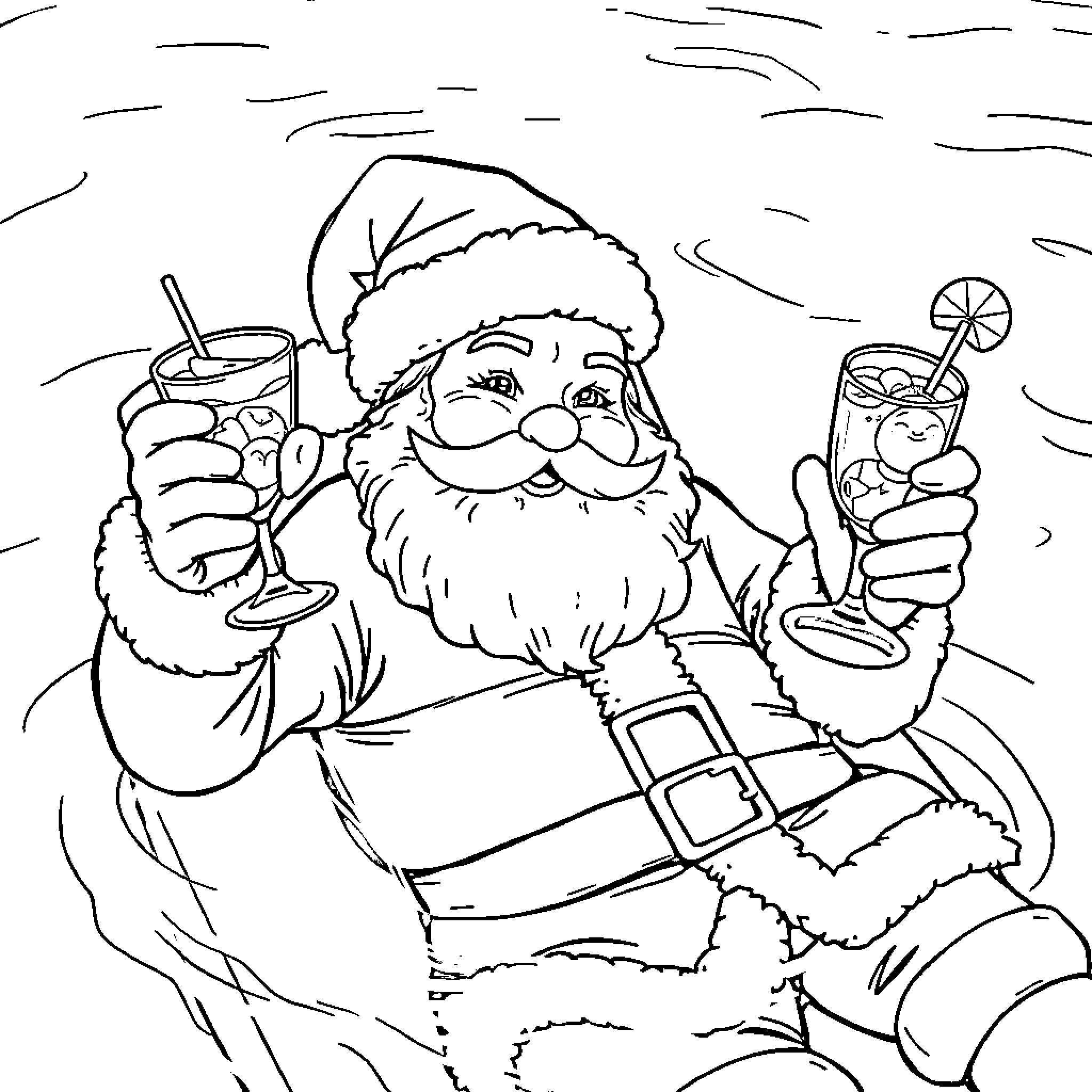 Santa Claus enjoying holiday drinks on a snowy day Coloring Page (free black-and-white line drawing printable PDF for all, from beginners to advanced learners, including children, teens, adults, and seniors)
