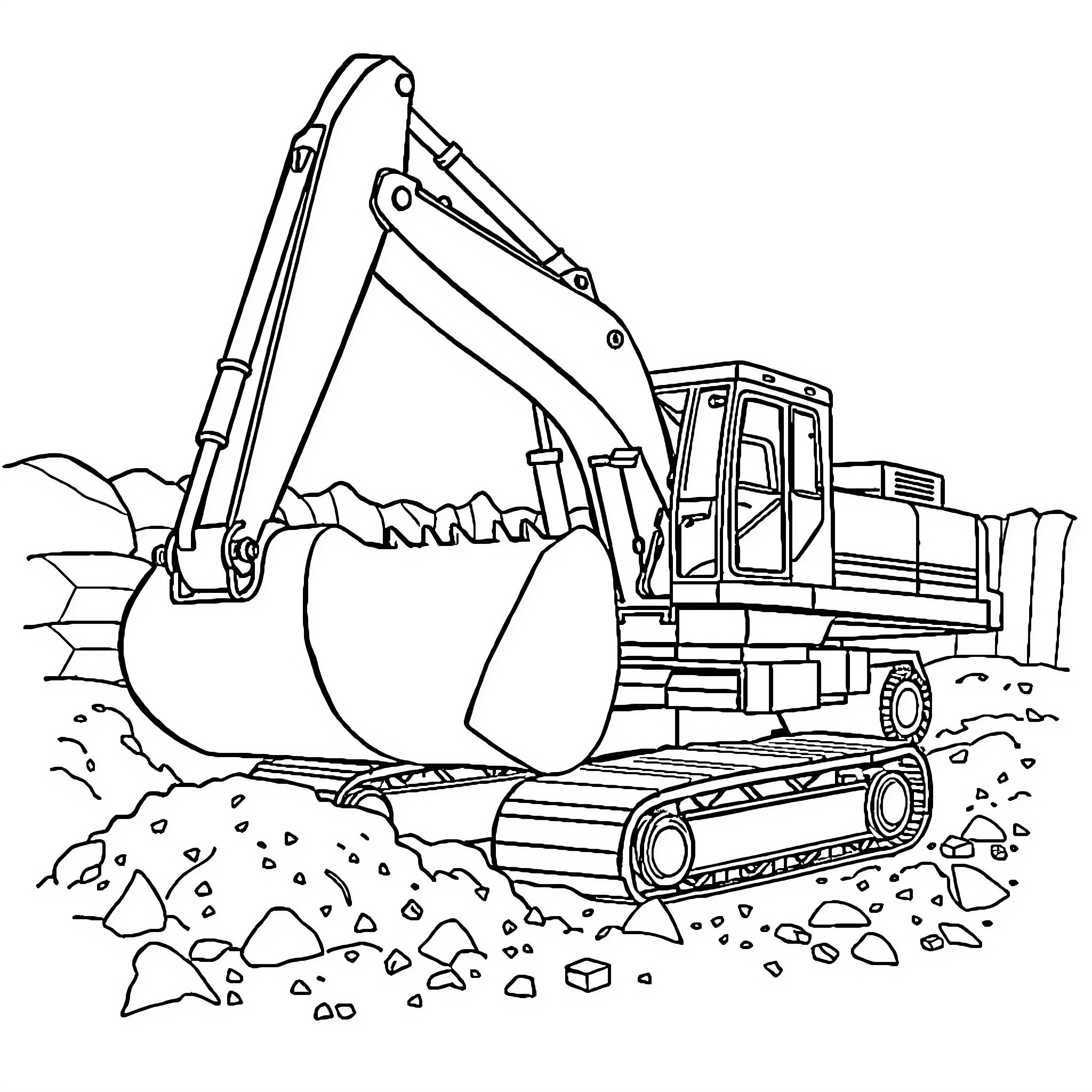 Excavator digging at a construction site Coloring Page (free black-and-white line drawing printable PDF for all, from beginners to advanced learners, including children, teens, adults, and seniors)
