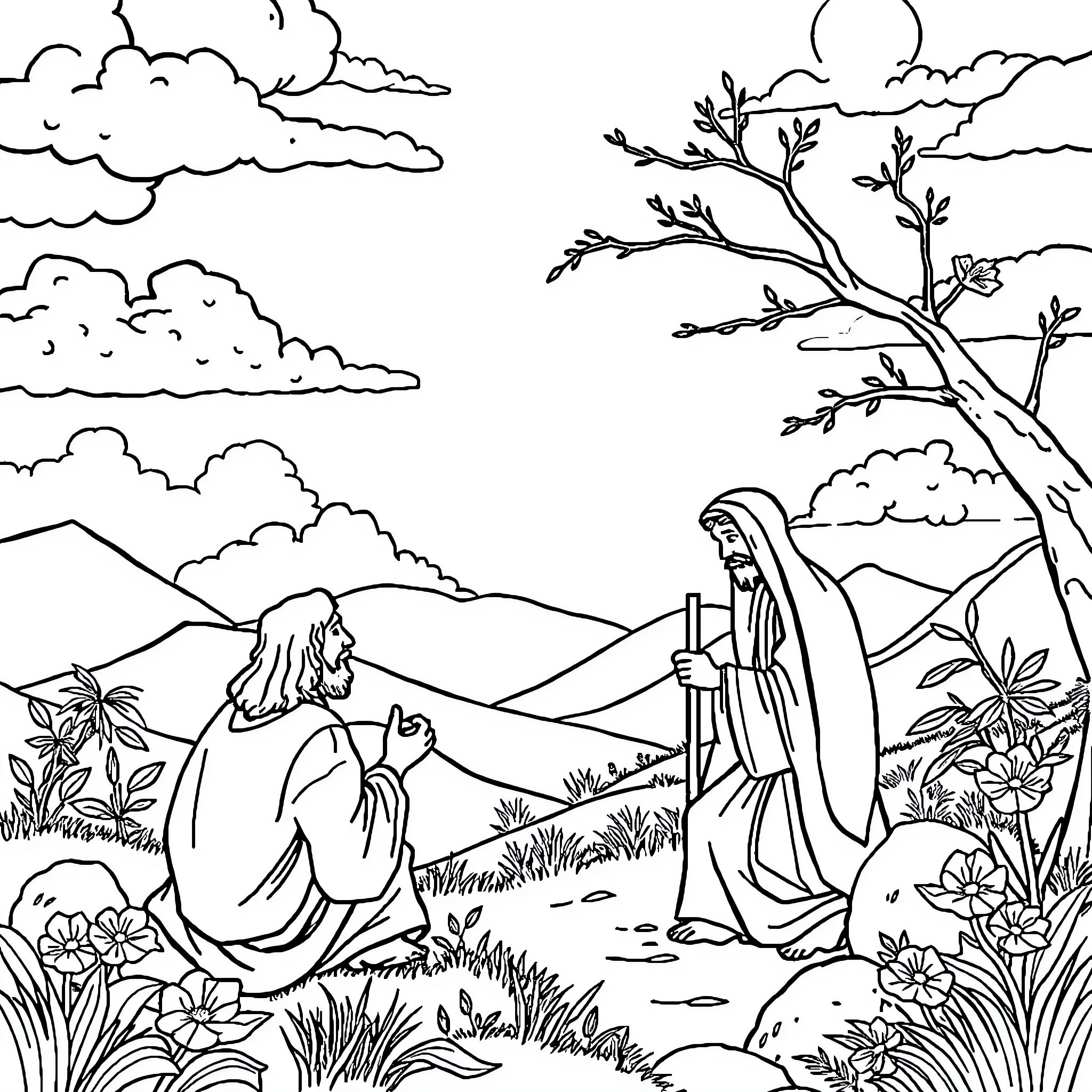 Parables of Faith and Devotion in Nature Coloring Page (free black-and-white line drawing printable PDF for all, from beginners to advanced learners, including children, teens, adults, and seniors)
