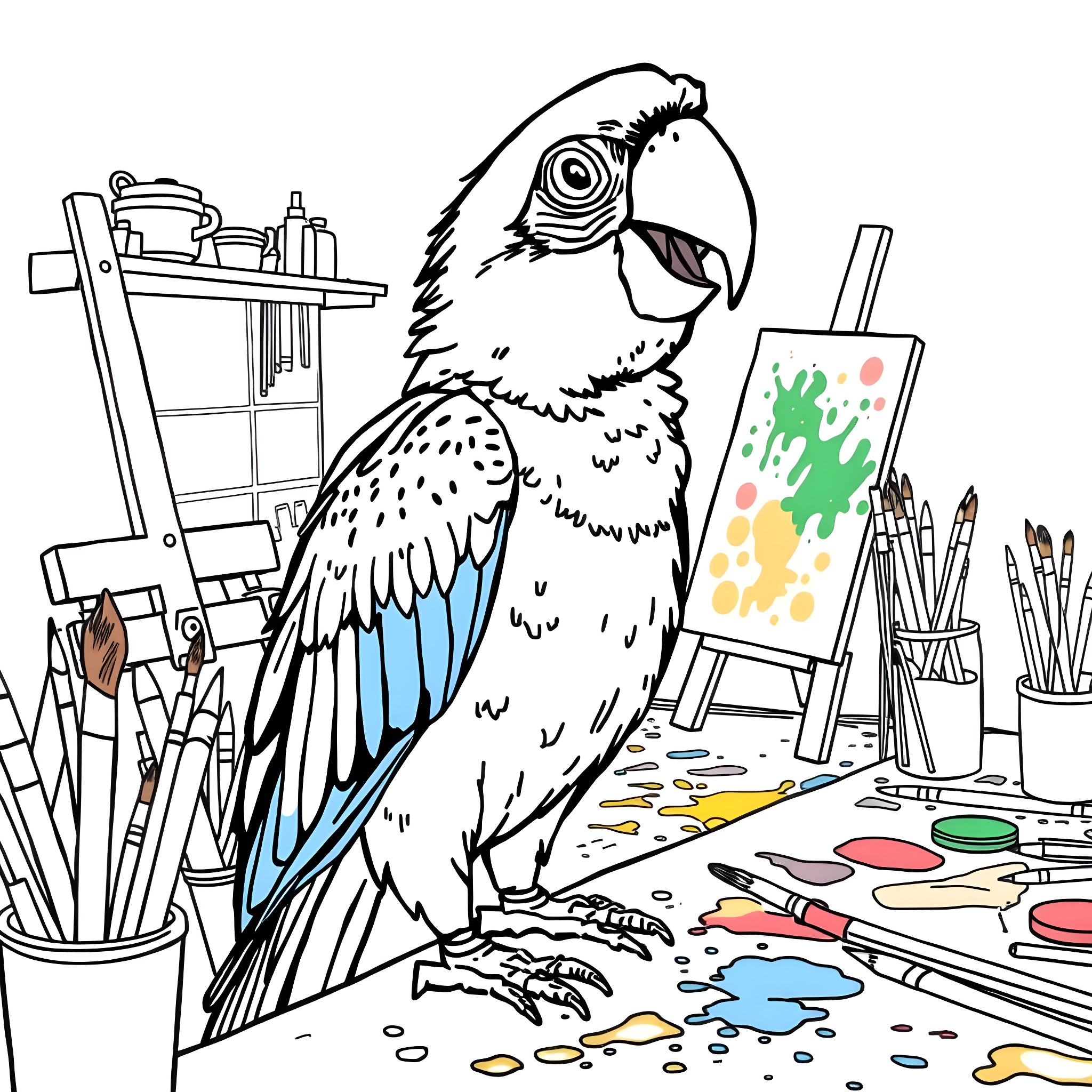 Parrot painting in an art studio Coloring Page (free black-and-white line drawing printable PDF for all, from beginners to advanced learners, including children, teens, adults, and seniors)