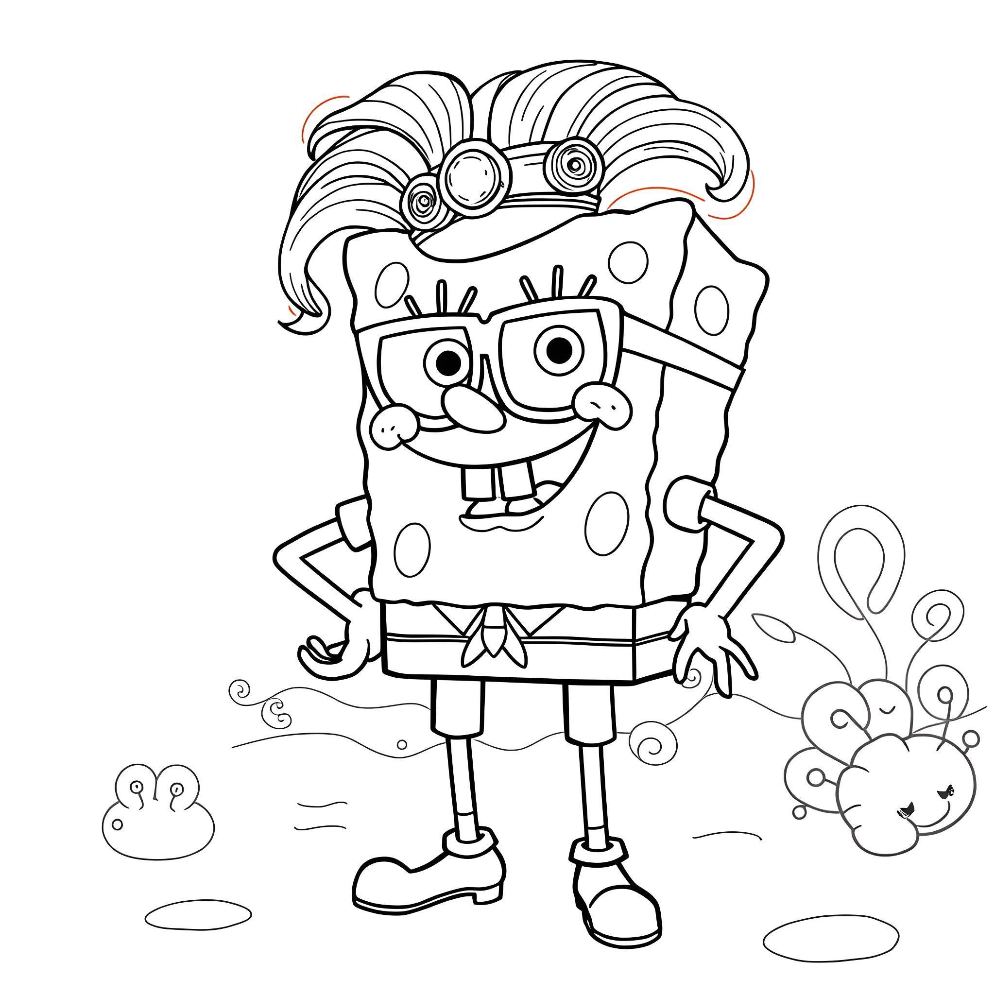 Spongebob dancing and making silly expressions Coloring Page (free black-and-white line drawing printable PDF for all, from beginners to advanced learners, including children, teens, adults, and seniors)