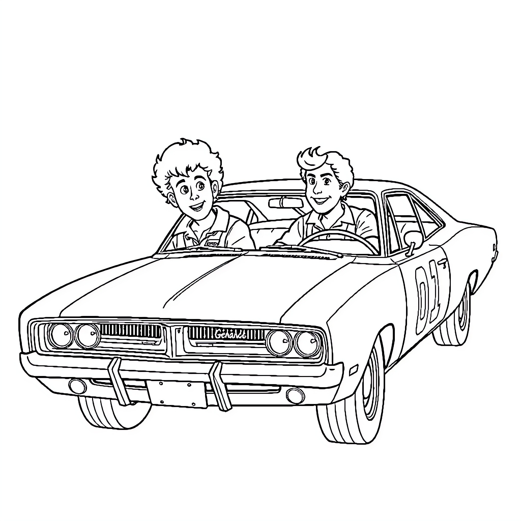 Duke and friend driving classic muscle car Coloring Page (free black-and-white line drawing printable PDF for all, from beginners to advanced learners, including children, teens, adults, and seniors)