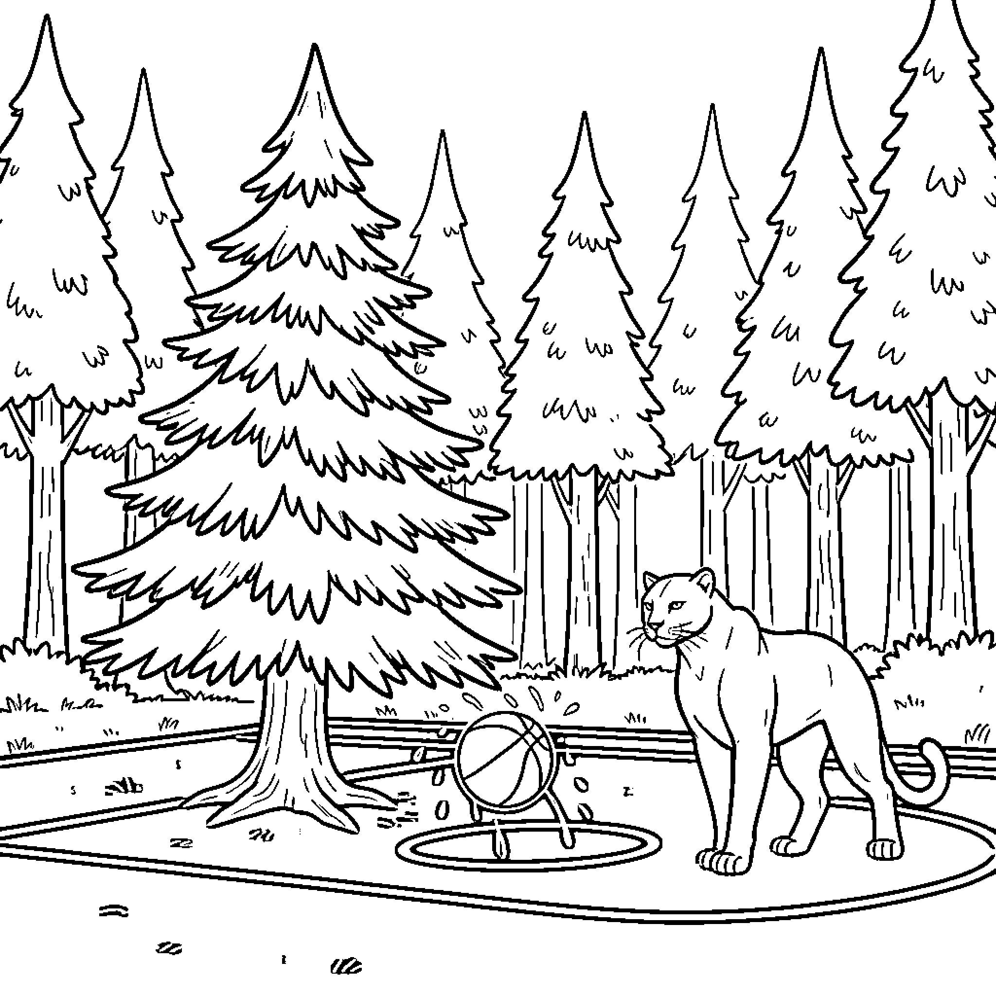 Evergreen Tree Forest with Curious Animal Coloring Page (free black-and-white line drawing printable PDF for all, from beginners to advanced learners, including children, teens, adults, and seniors)