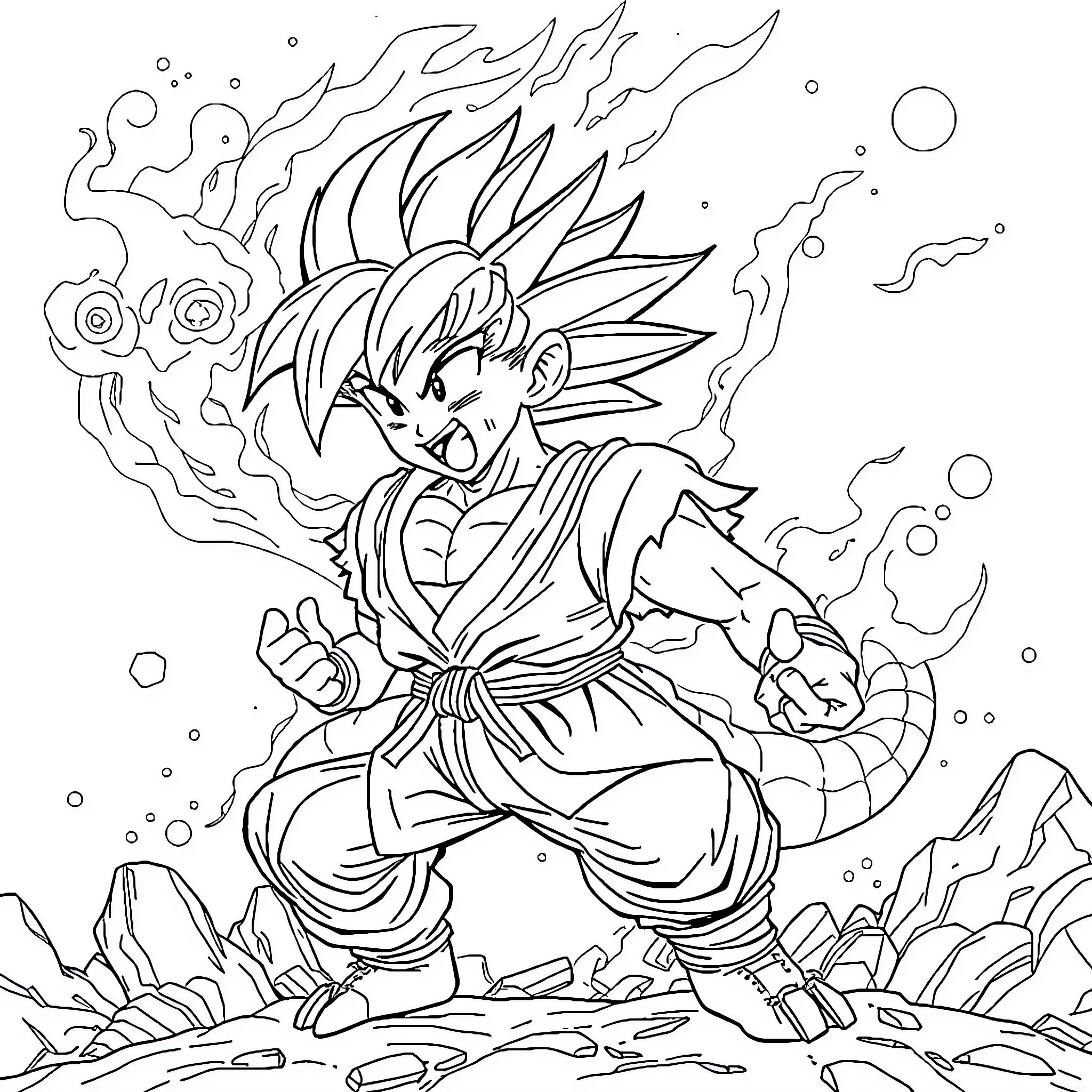 Dragon Ball: Warrior's Fierce Determination Coloring Page (free black-and-white line drawing printable PDF for all, from beginners to advanced learners, including children, teens, adults, and seniors)