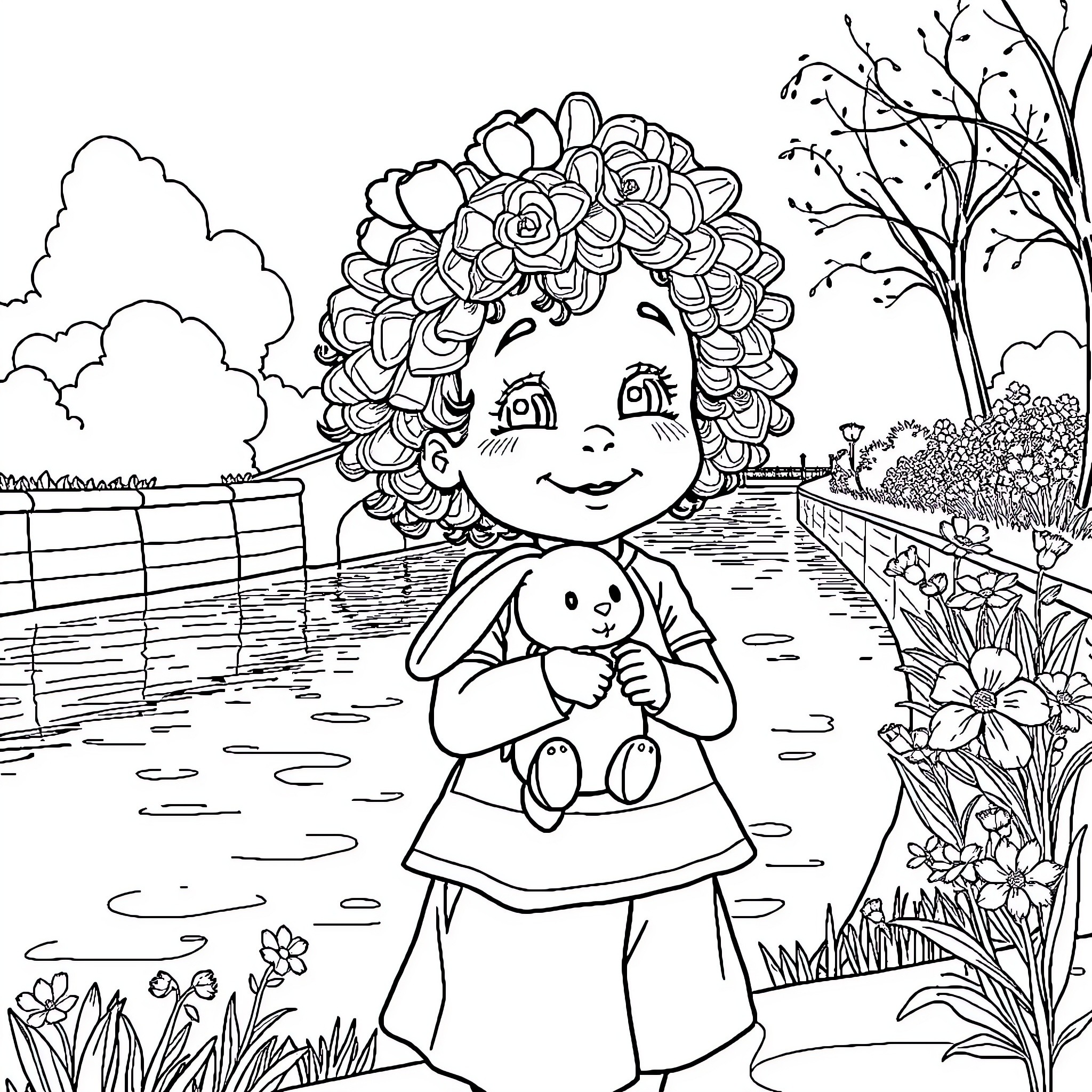 Toddler holding a stuffed bunny in a floral garden Coloring Page (free black-and-white line drawing printable PDF for all, from beginners to advanced learners, including children, teens, adults, and seniors)