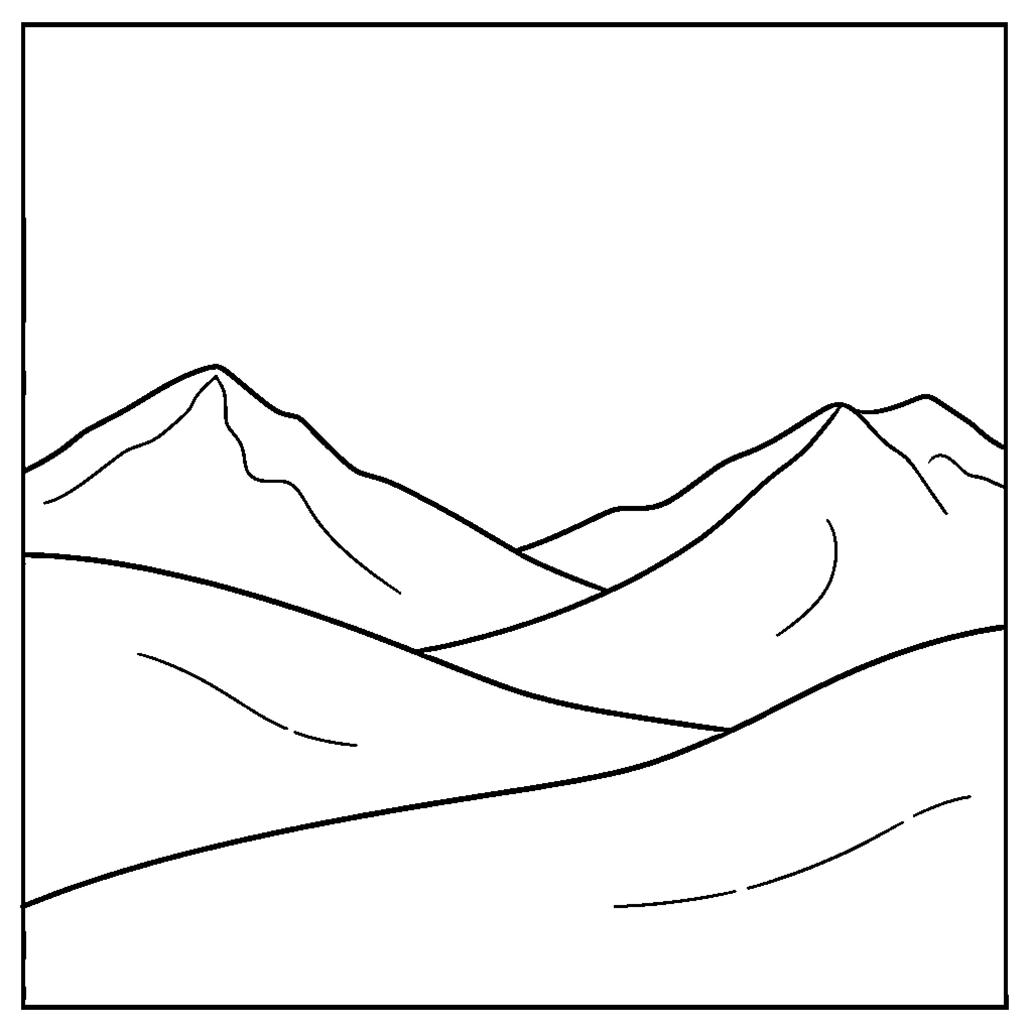 Mountain Landscape with Scenic Silhouettes Coloring Page (free black-and-white line drawing printable PDF for all, from beginners to advanced learners, including children, teens, adults, and seniors)