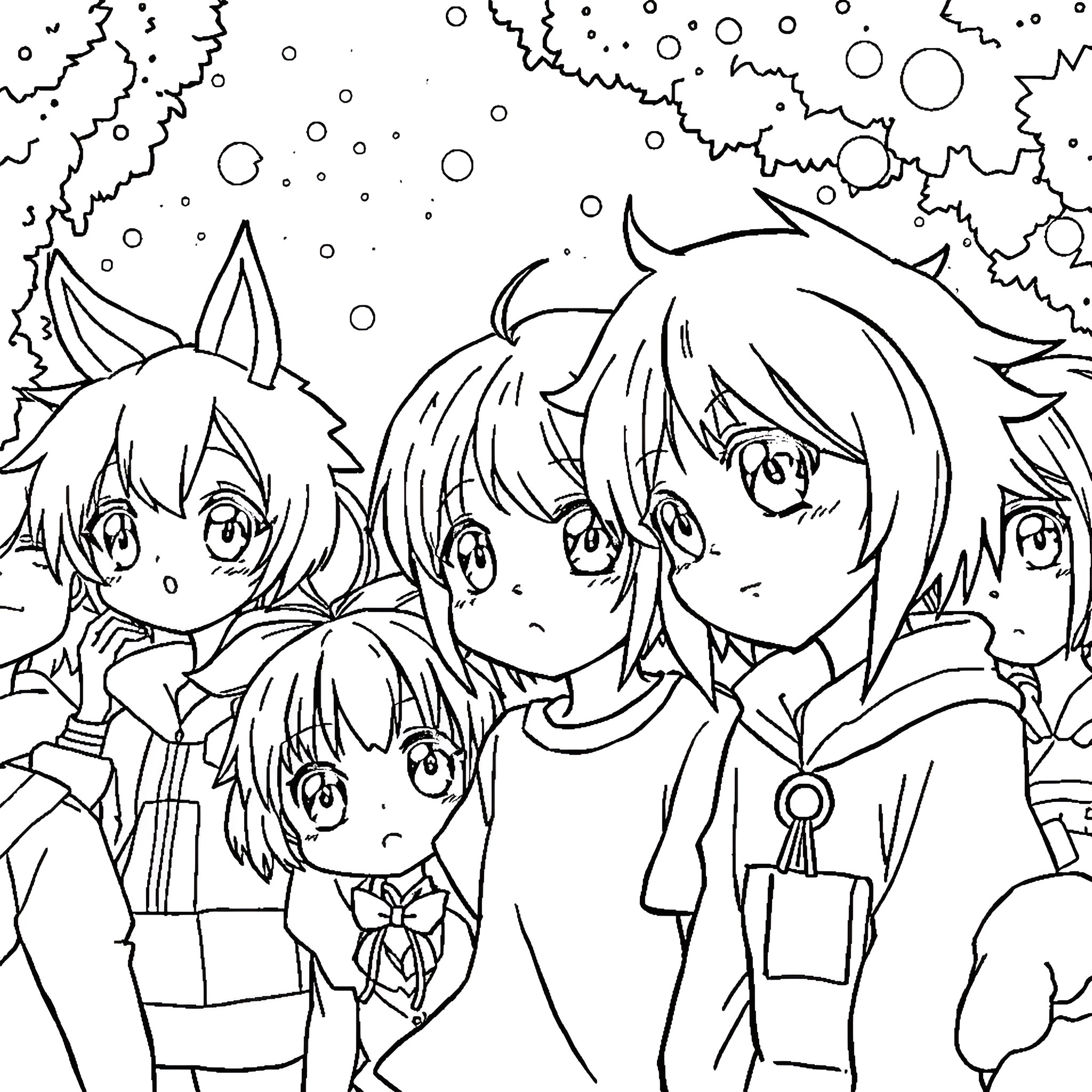 Anime Schoolchildren in Winter Wonderland Coloring Page (free black-and-white line drawing printable PDF for all, from beginners to advanced learners, including children, teens, adults, and seniors)