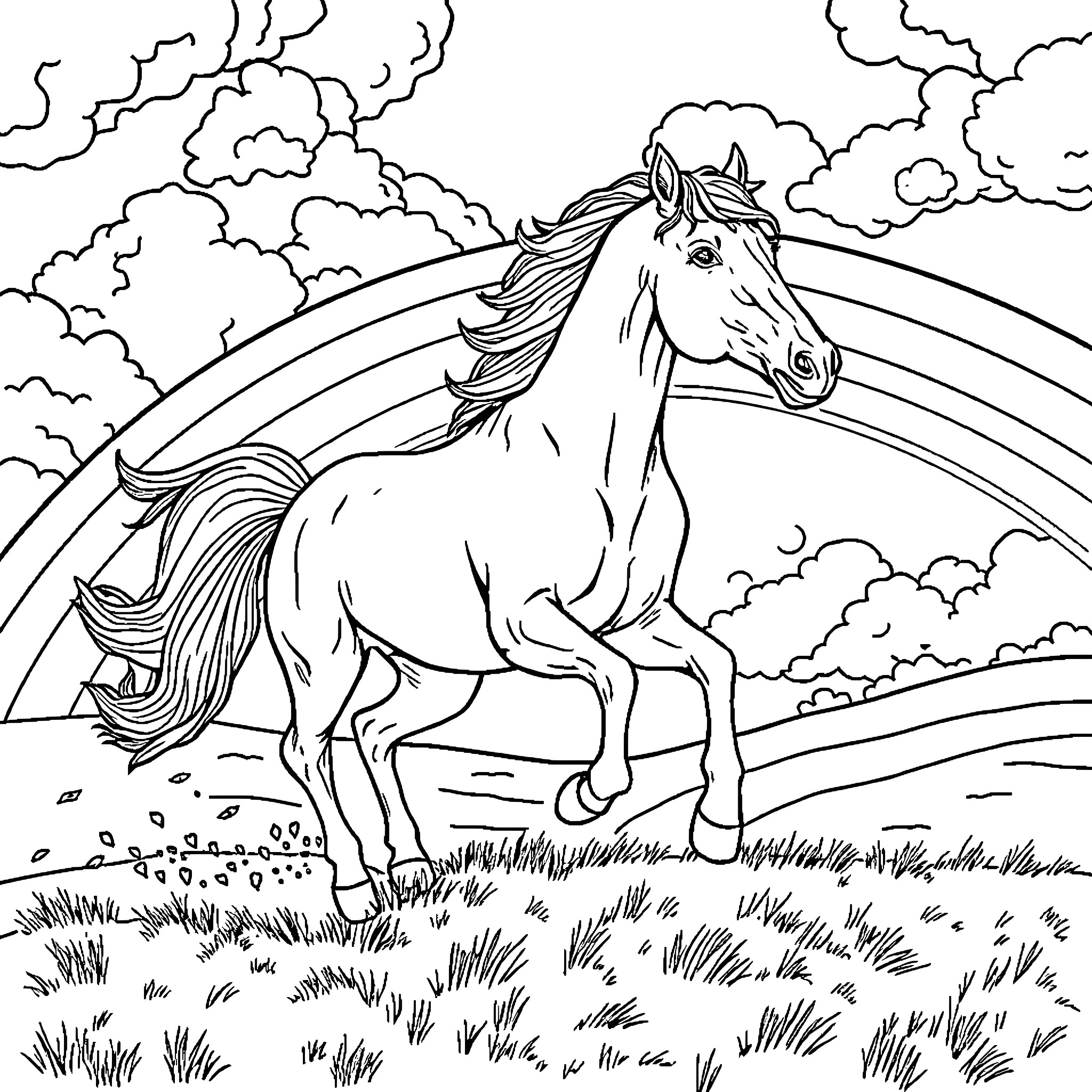 Horse running under the rainbow sky Coloring Page (free black-and-white line drawing printable PDF for all, from beginners to advanced learners, including children, teens, adults, and seniors)