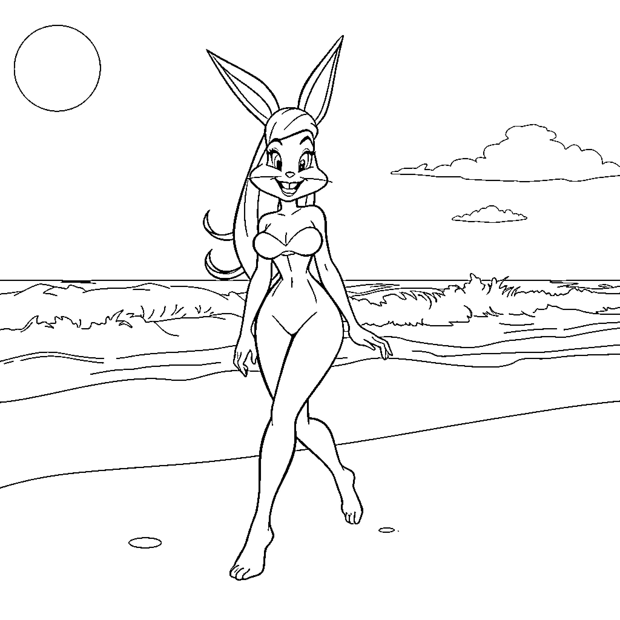 Jessica the bunny girl frolicking on the beach Coloring Page (free black-and-white line drawing printable PDF for all, from beginners to advanced learners, including children, teens, adults, and seniors)