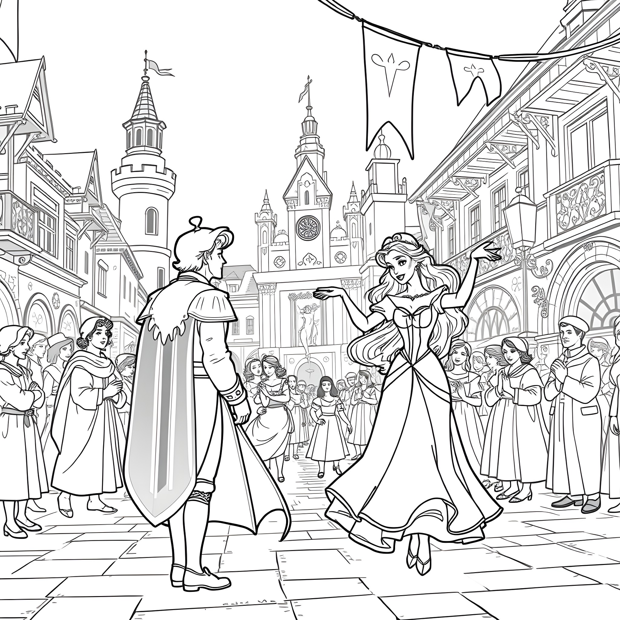 Esmeralda's Dance in the Lively Town Square Coloring Page (free black-and-white line drawing printable PDF for all, from beginners to advanced learners, including children, teens, adults, and seniors)