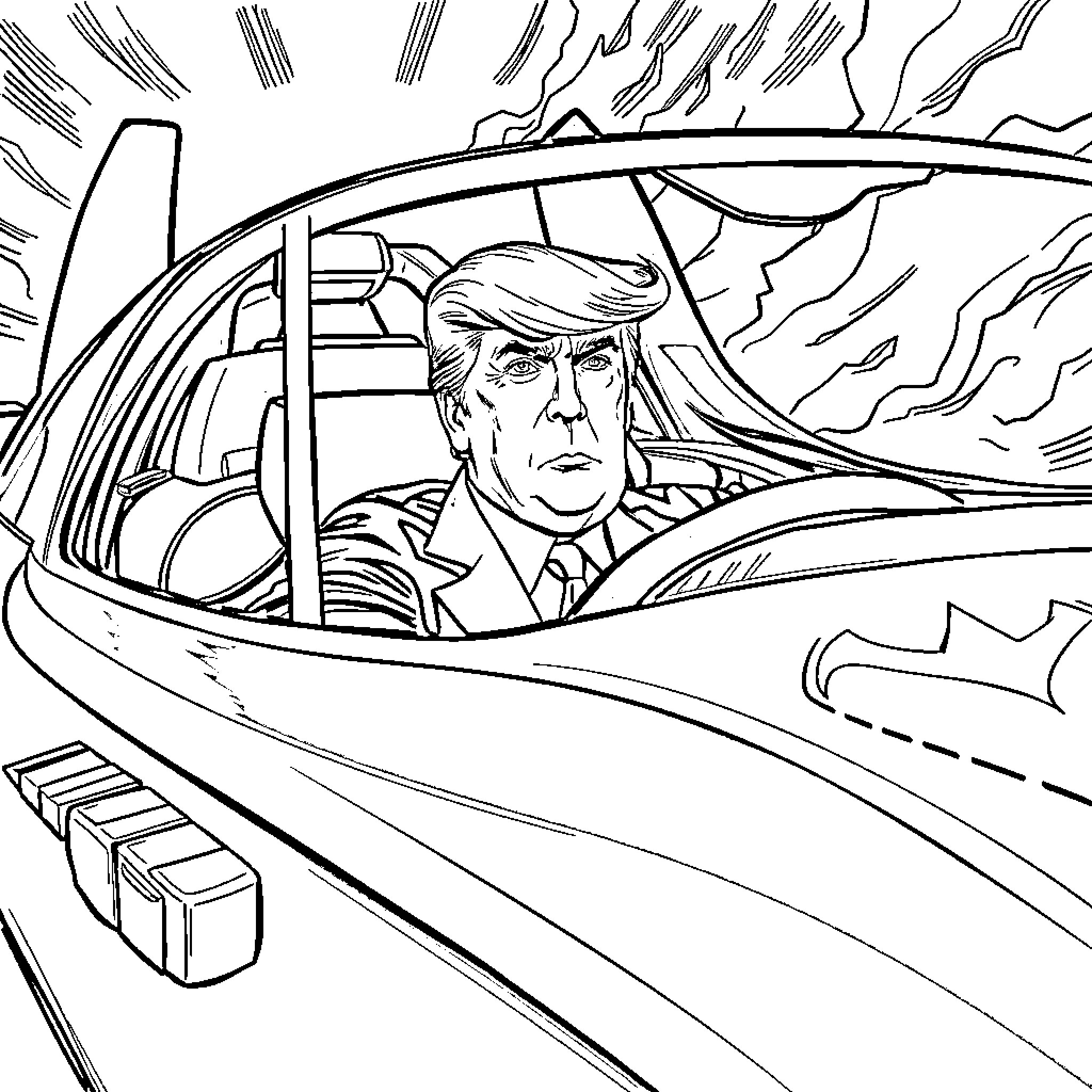 Donald Trump piloting a helicopter during a turbulent storm Coloring Page (free black-and-white line drawing printable PDF for all, from beginners to advanced learners, including children, teens, adults, and seniors)