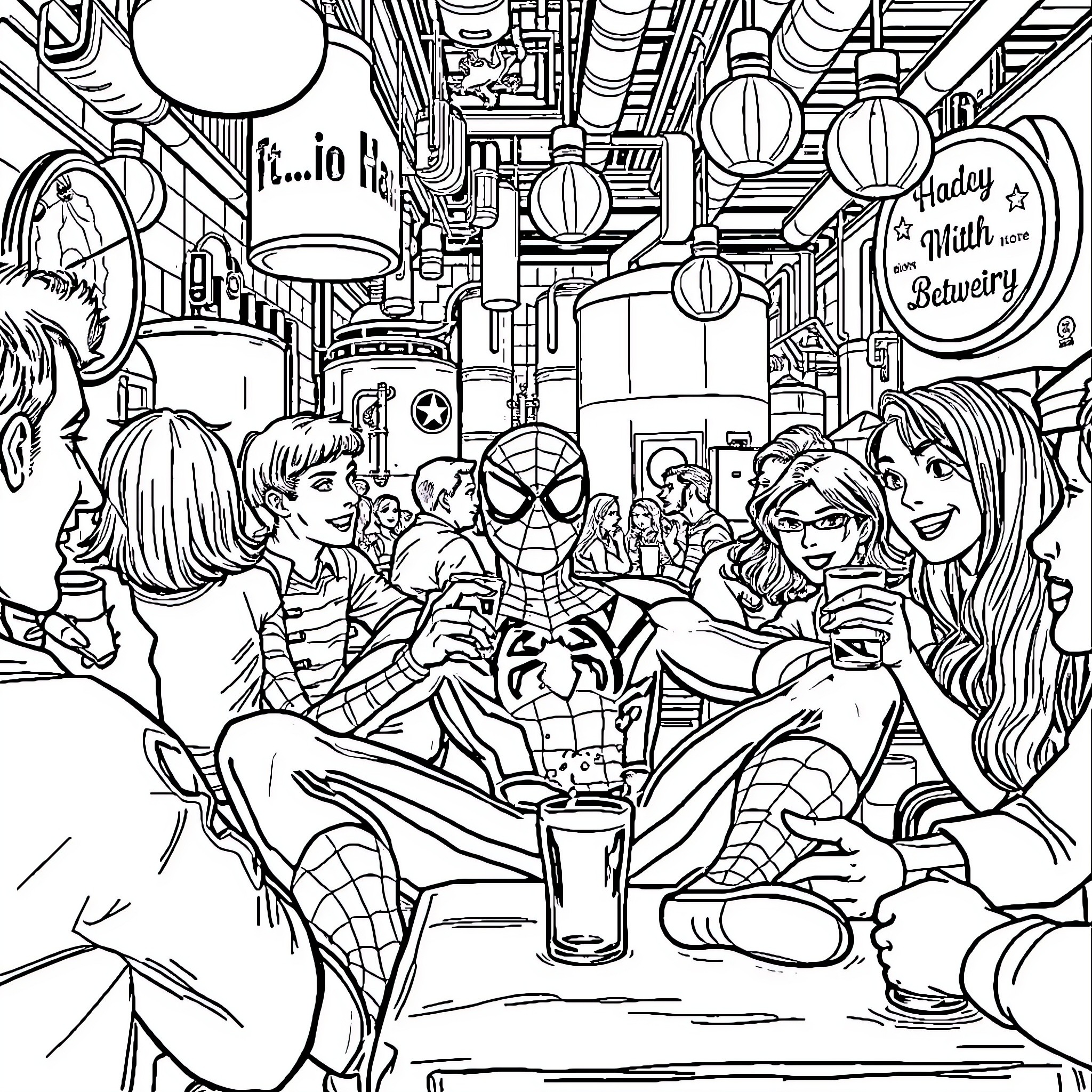 Spider-Man Hangs Out with Friends in a Crowded Diner Coloring Page (free black-and-white line drawing printable PDF for all, from beginners to advanced learners, including children, teens, adults, and seniors)