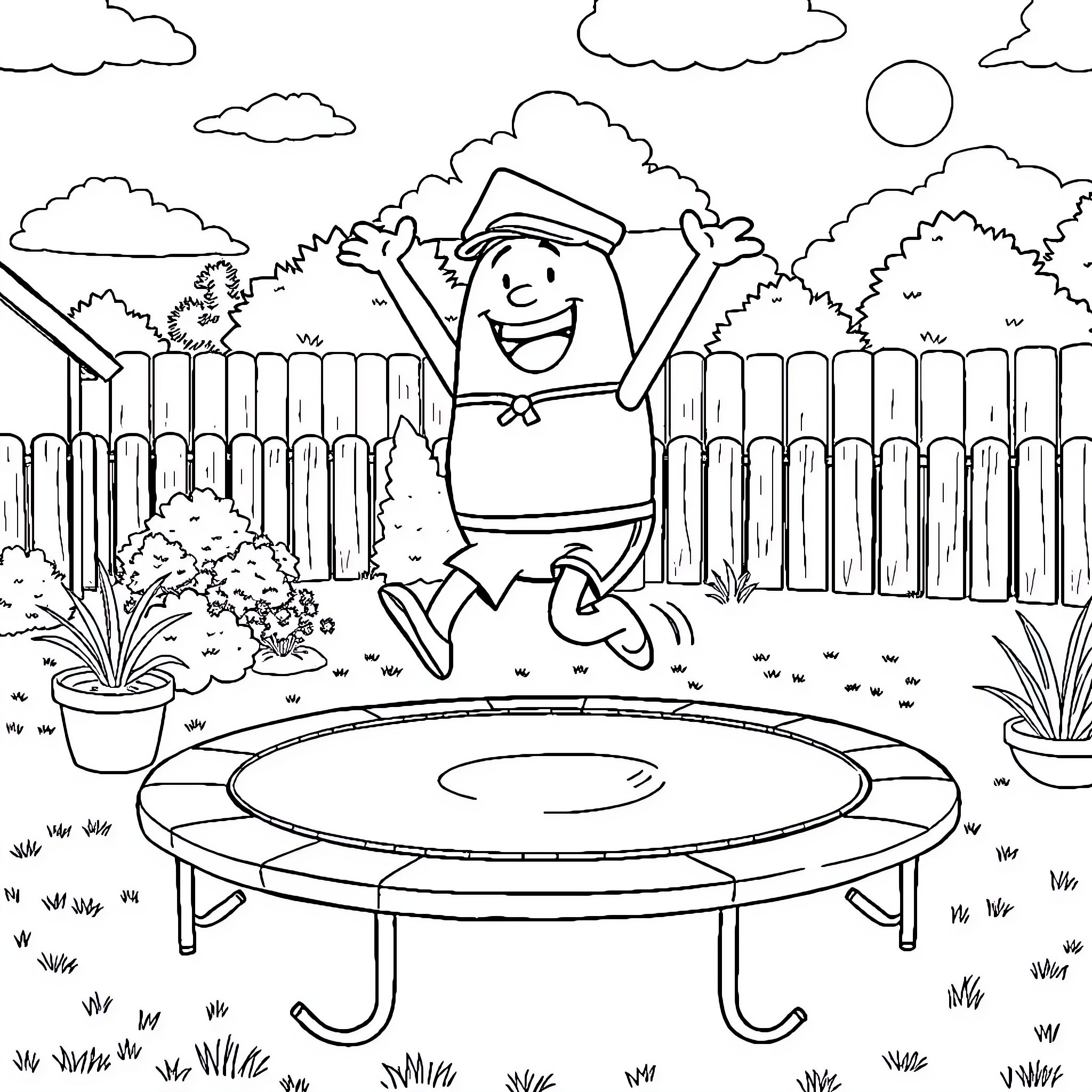 Captain Underpants jumps with joy on a trampoline Coloring Page (free black-and-white line drawing printable PDF for all, from beginners to advanced learners, including children, teens, adults, and seniors)
