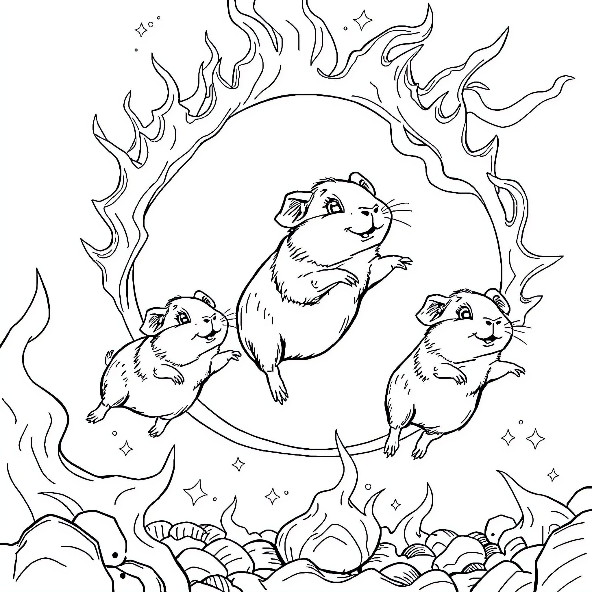 Guinea Pigs Frolicking in Whimsical Landscape Coloring Page (free black-and-white line drawing printable PDF for all, from beginners to advanced learners, including children, teens, adults, and seniors)