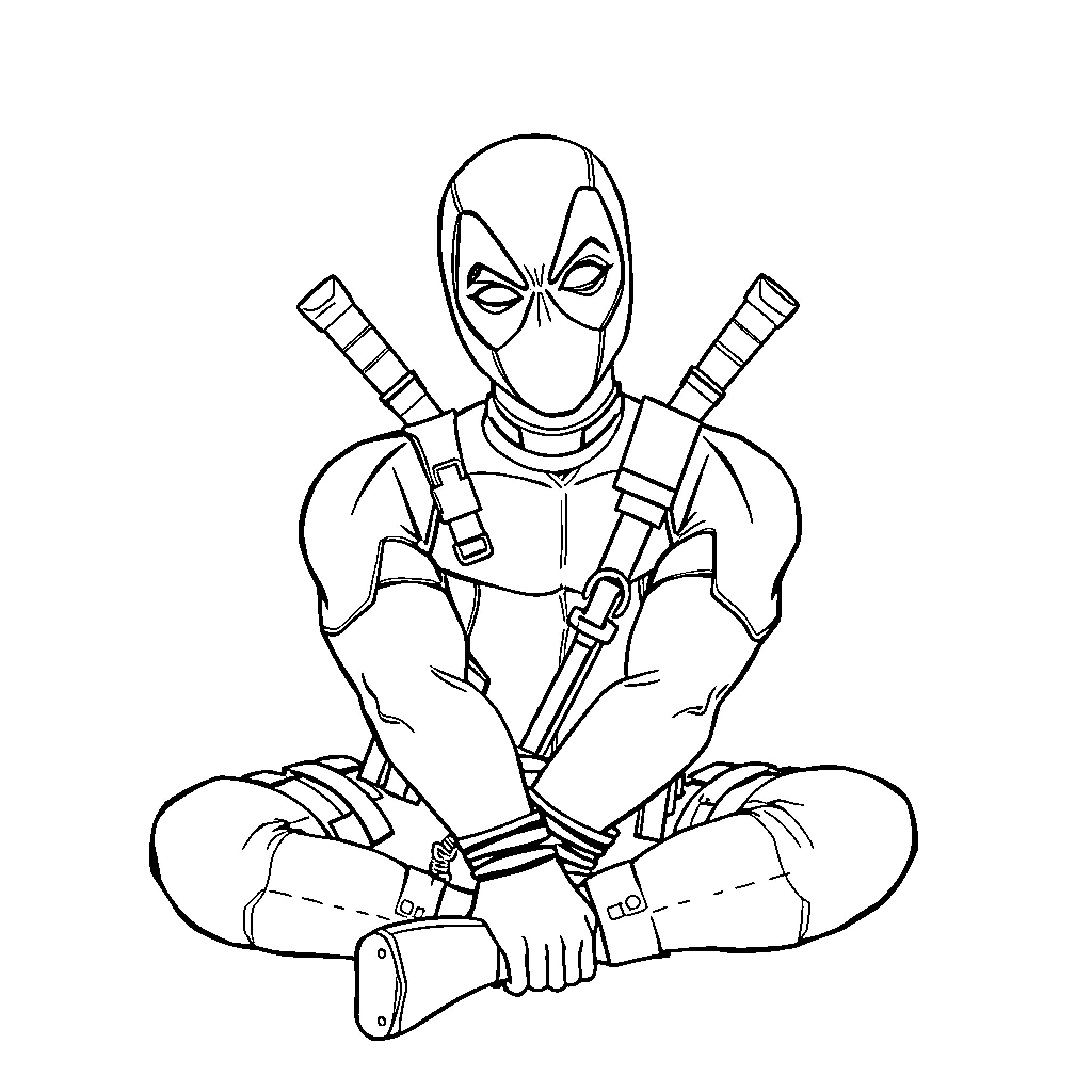 Deadpool in Signature Pose with Crossed Arms Coloring Page (free black-and-white line drawing printable PDF for all, from beginners to advanced learners, including children, teens, adults, and seniors)